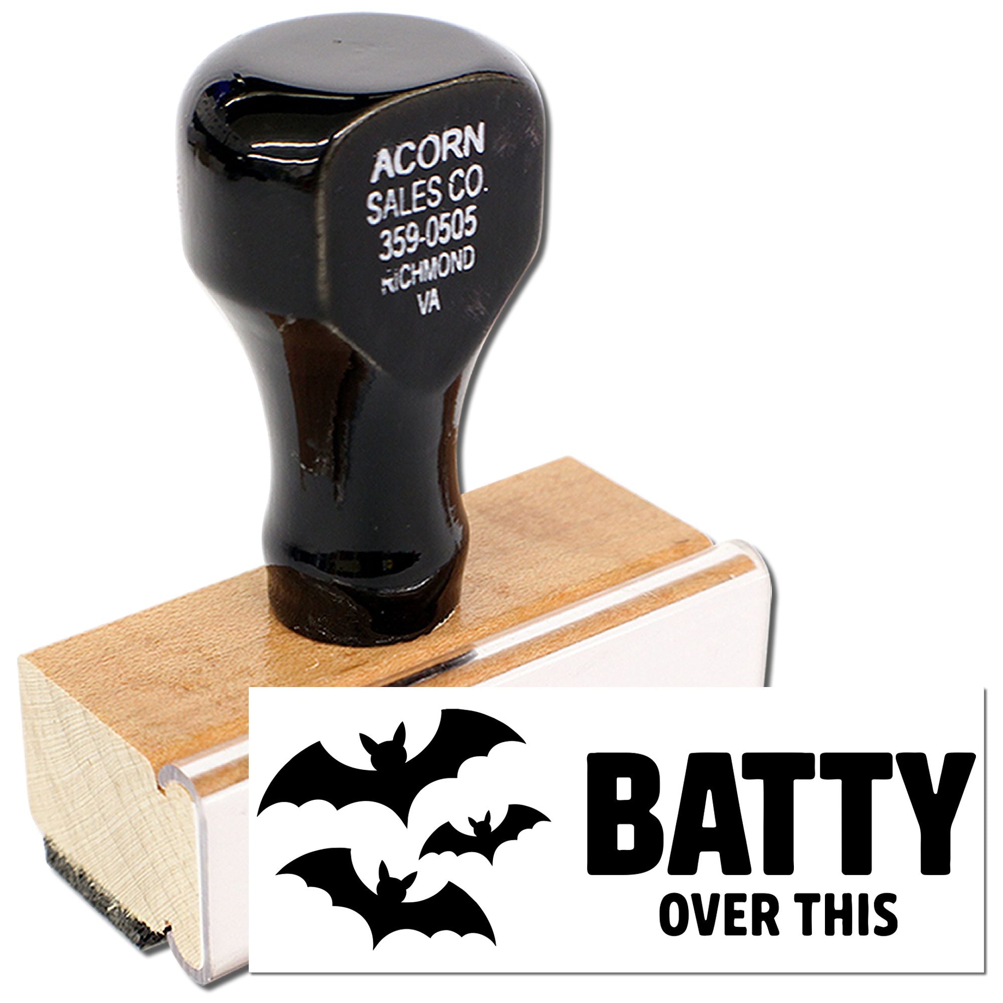 Custom rubber stamp with Batty Over This bat design for Halloween crafts, packaging, and fun business branding.