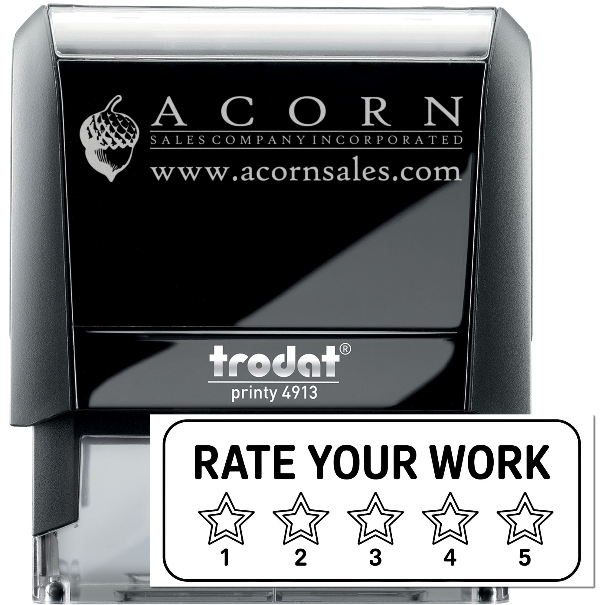 Custom self-inking rubber stamp, Trodat Printy 4913, with Acorn Sales logo and 5-star Rate Your Work design.