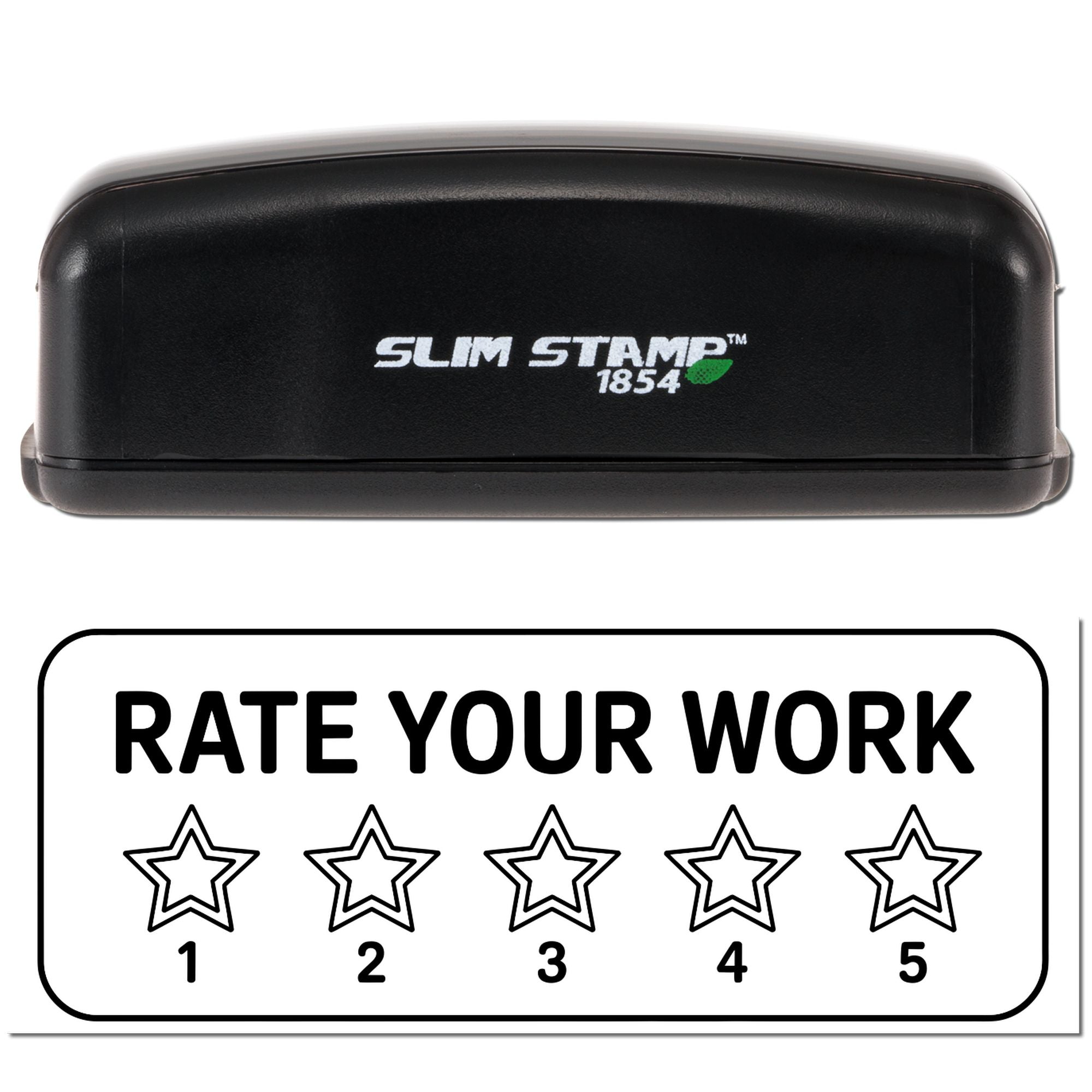 Slim self-inking rubber stamp with Rate Your Work five-star rating imprint for employee feedback and performance reviews.