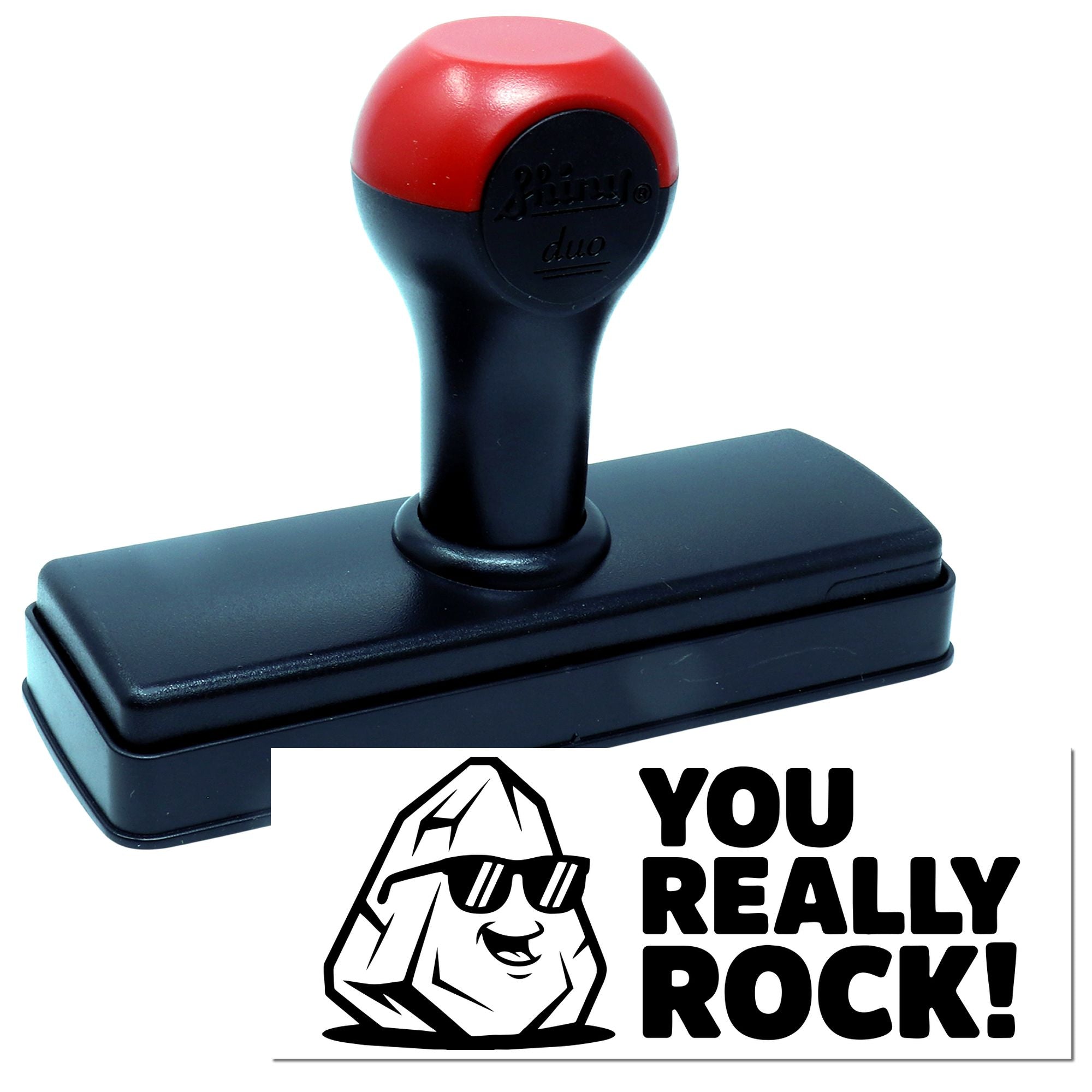 Self-inking rubber stamp with You Really Rock! message and rock character design for custom business and office use.