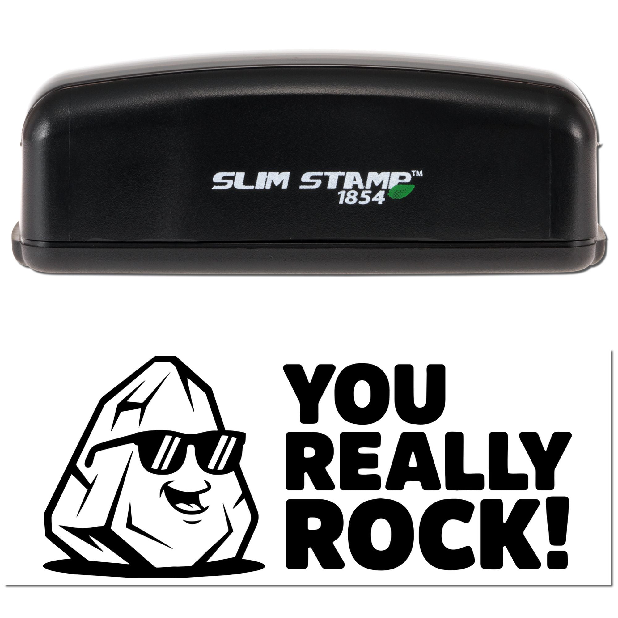 Slim Stamp 1854 self-inking rubber stamp with You Really Rock! rock character design.
