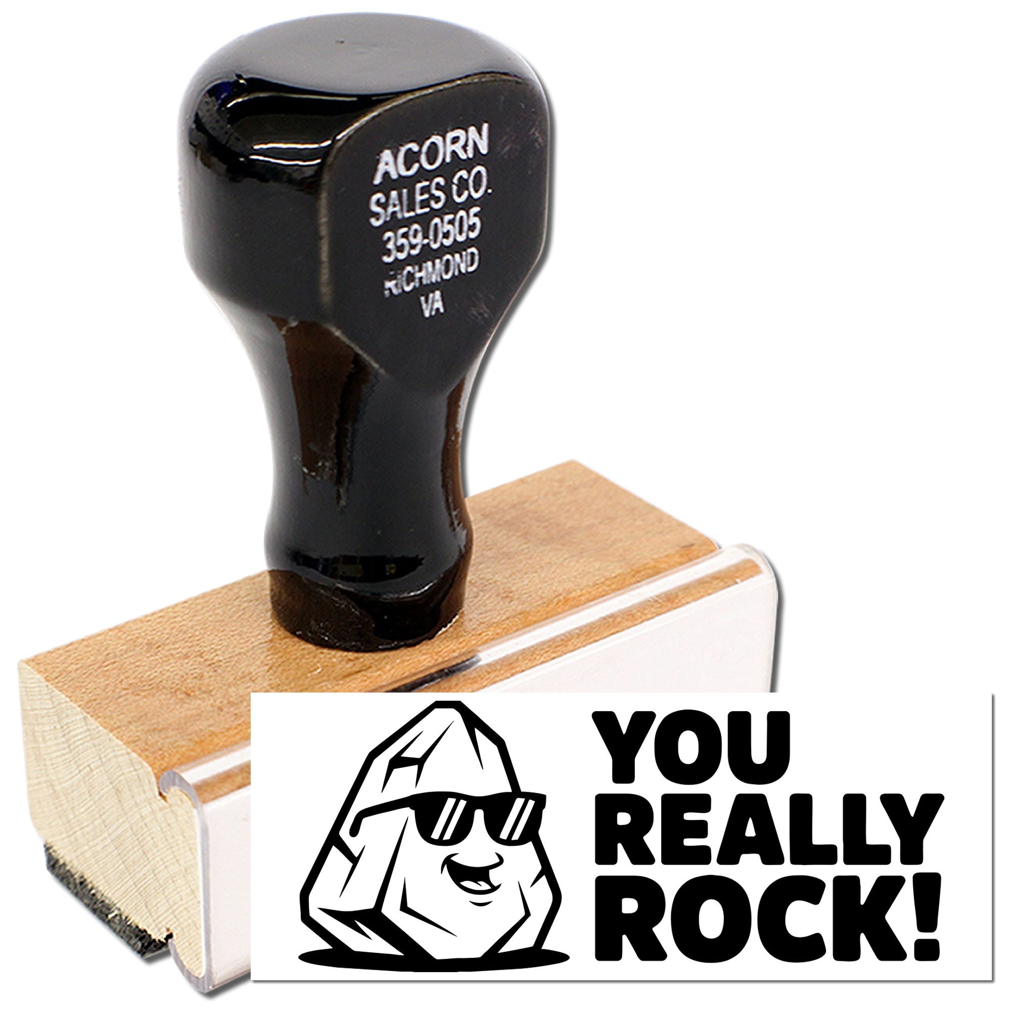 Personalized rubber stamp with business address and You Really Rock! design for custom branding, packaging, and crafts.