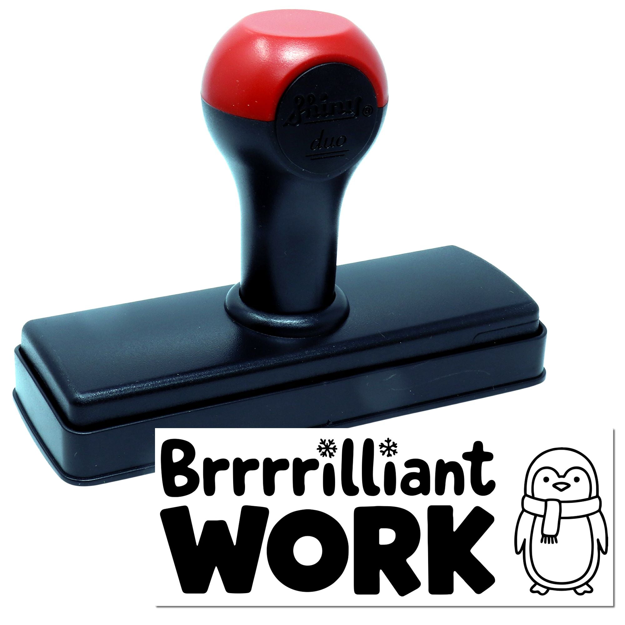 Self-inking rubber stamp with penguin Brrrrilliant Work impression for teacher or office use.