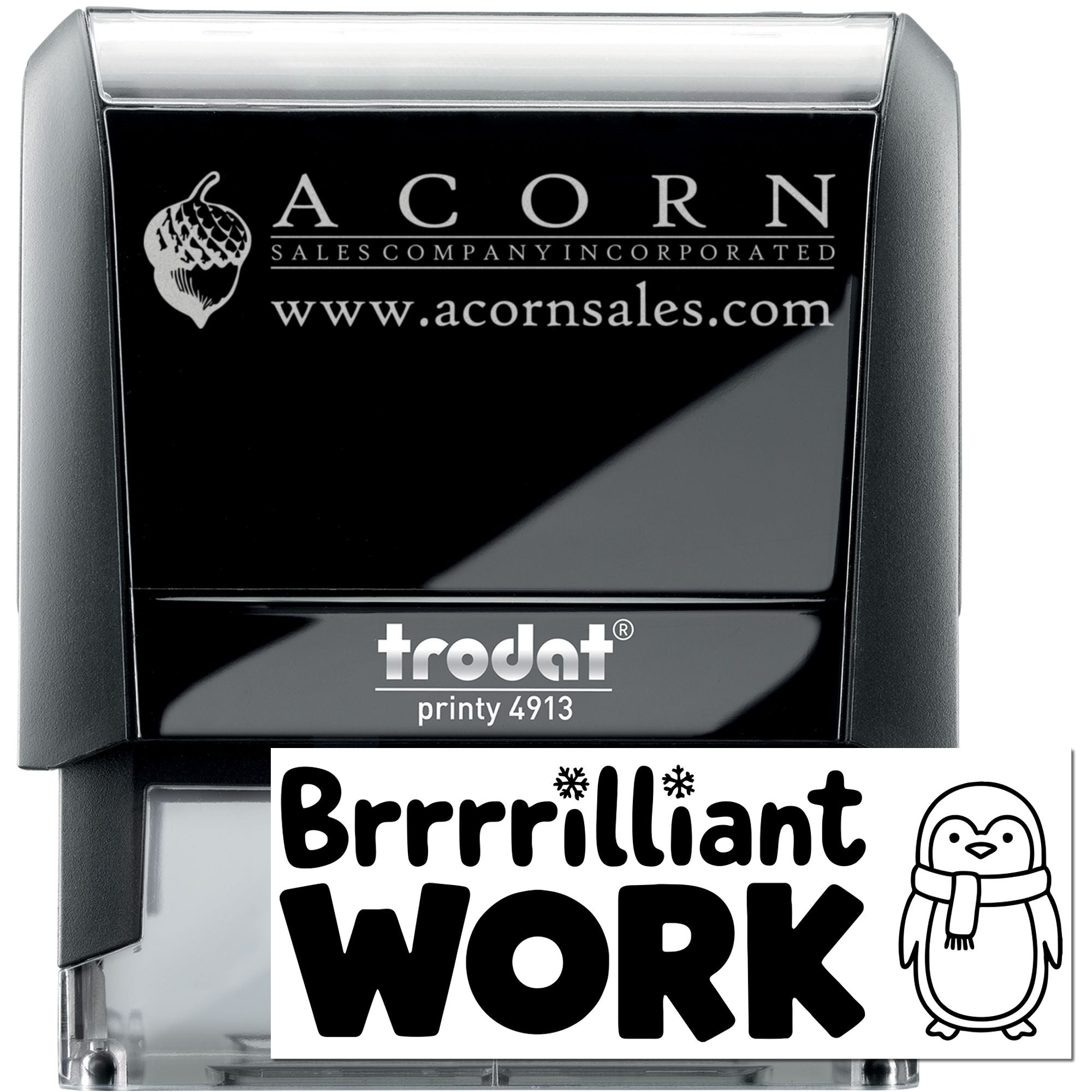 Custom self-inking rubber stamp for Acorn Sales Company with logo, website, and Brrrrilliant Work penguin imprint.