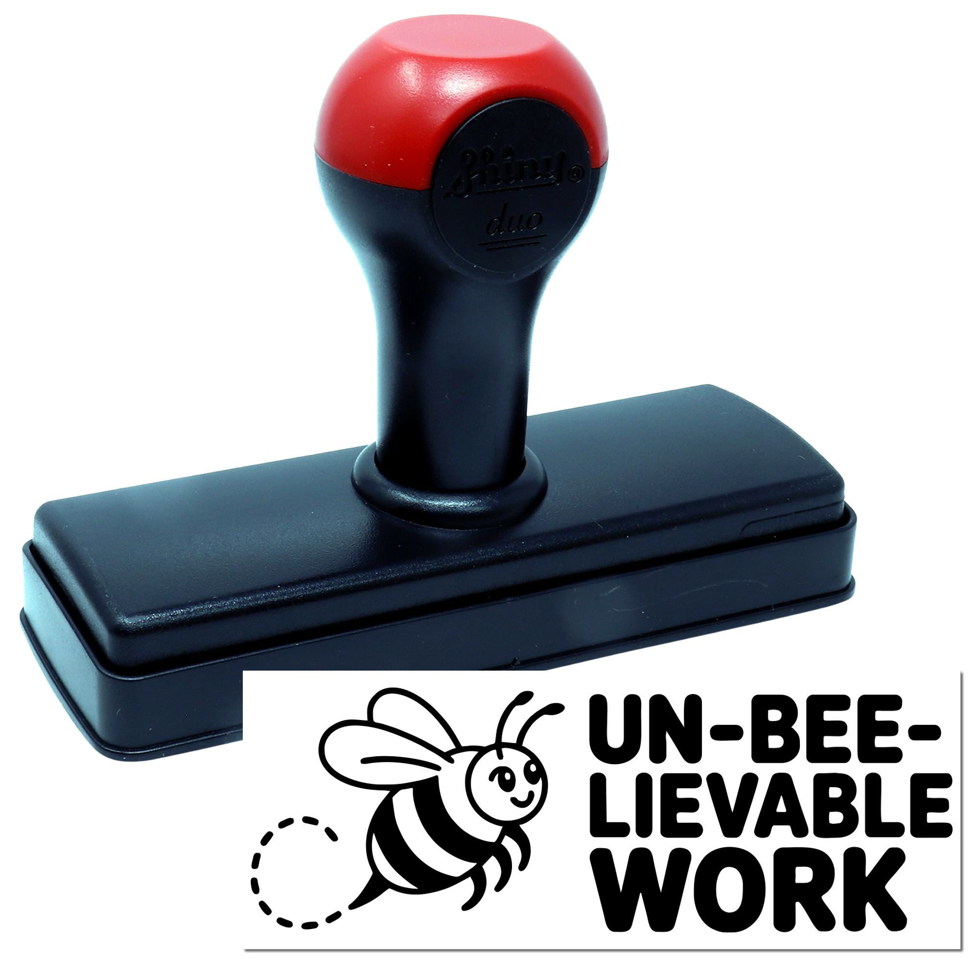 Self-inking rubber stamp with bee design and Un-Bee-Lievable Work text for motivational office stamping.