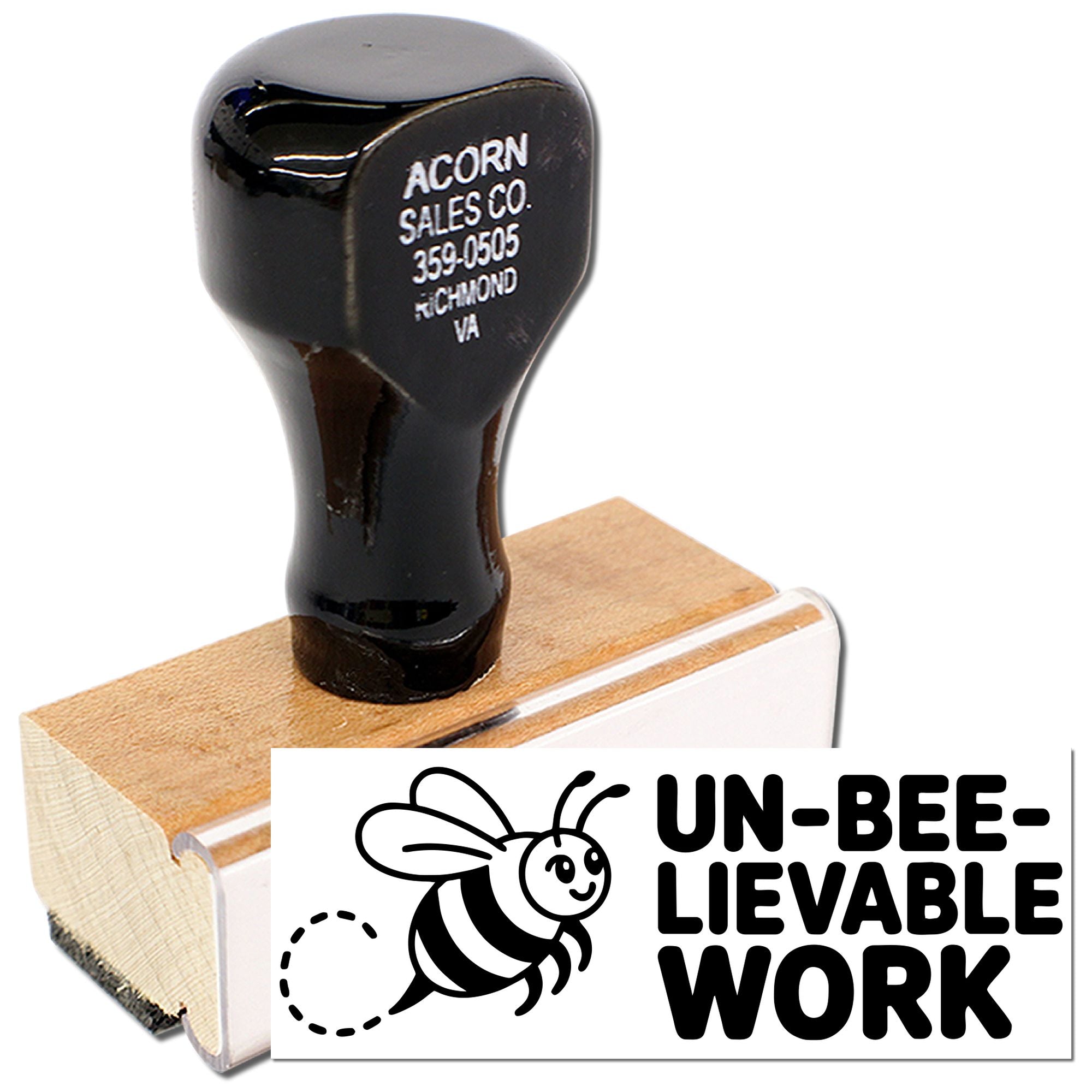 Custom rubber stamp with bee graphic and Un-bee-lievable Work message for business branding and packaging.