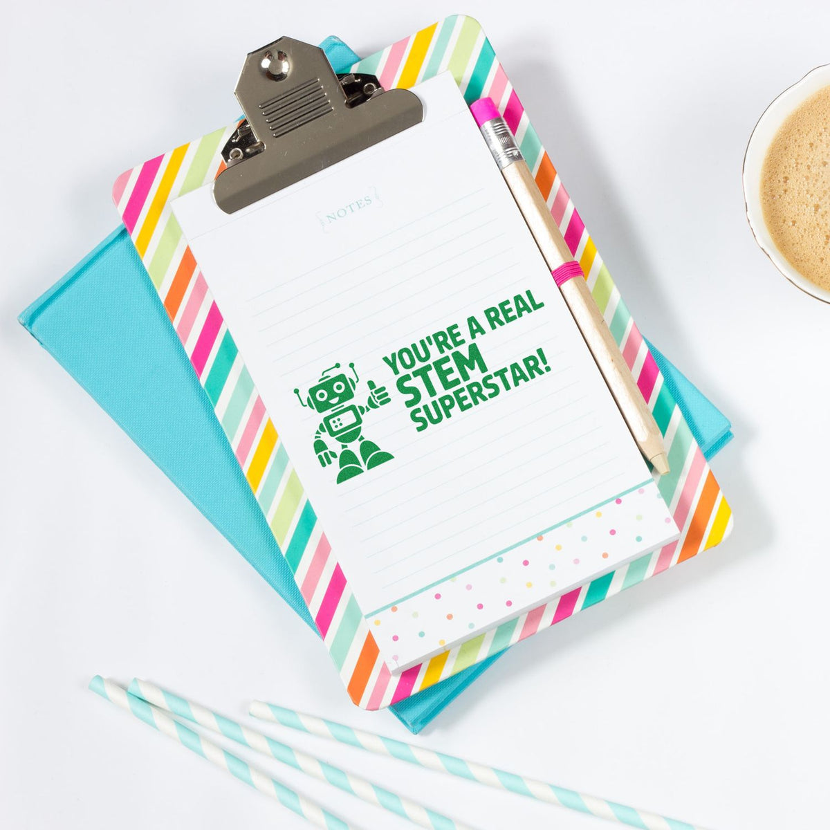 STEM superstar rubber stamp design on a clipboard notepad, perfect for teacher rewards and school stationery.