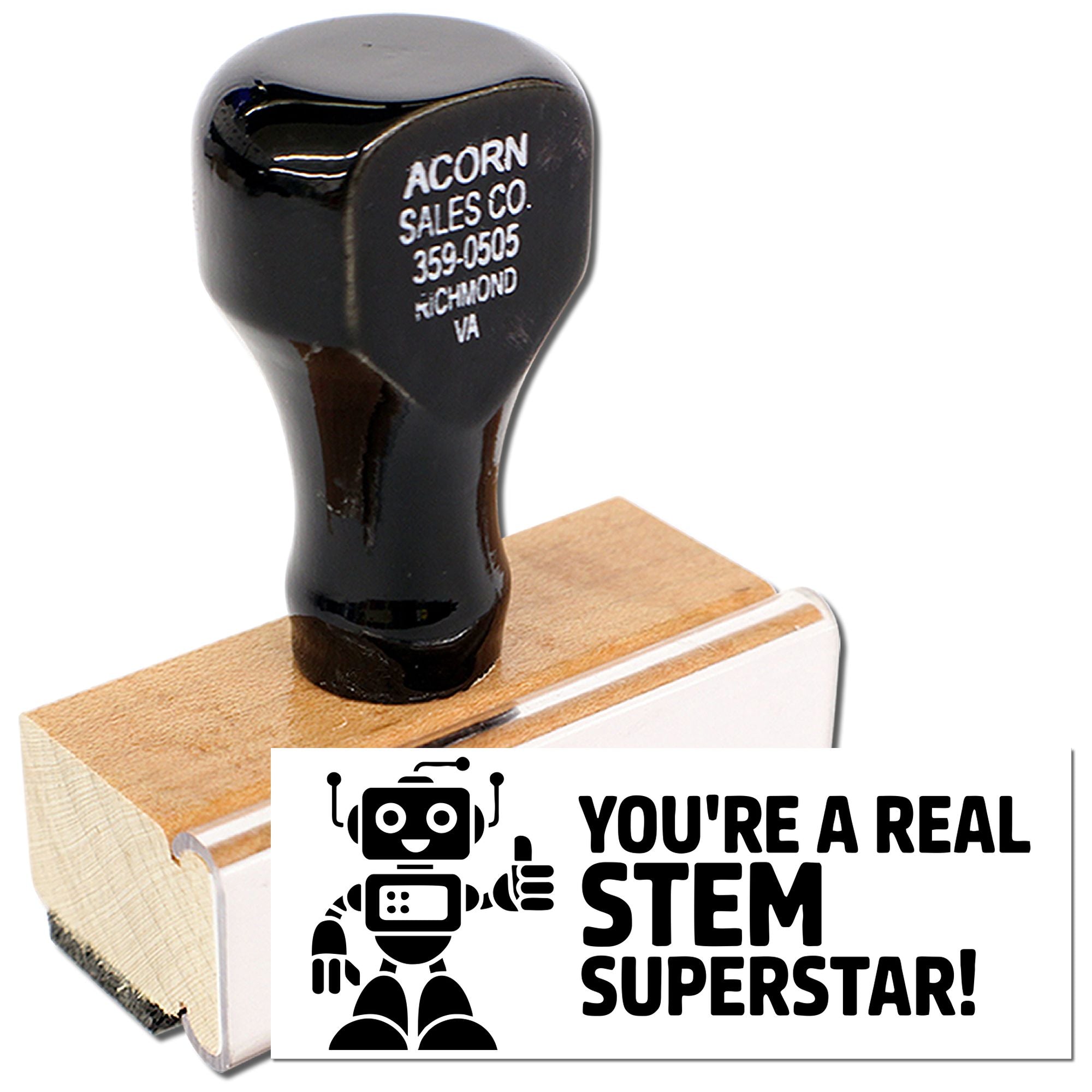 Custom rubber stamp with robot design and Youre a real STEM superstar! message for teacher awards and classroom recognition.