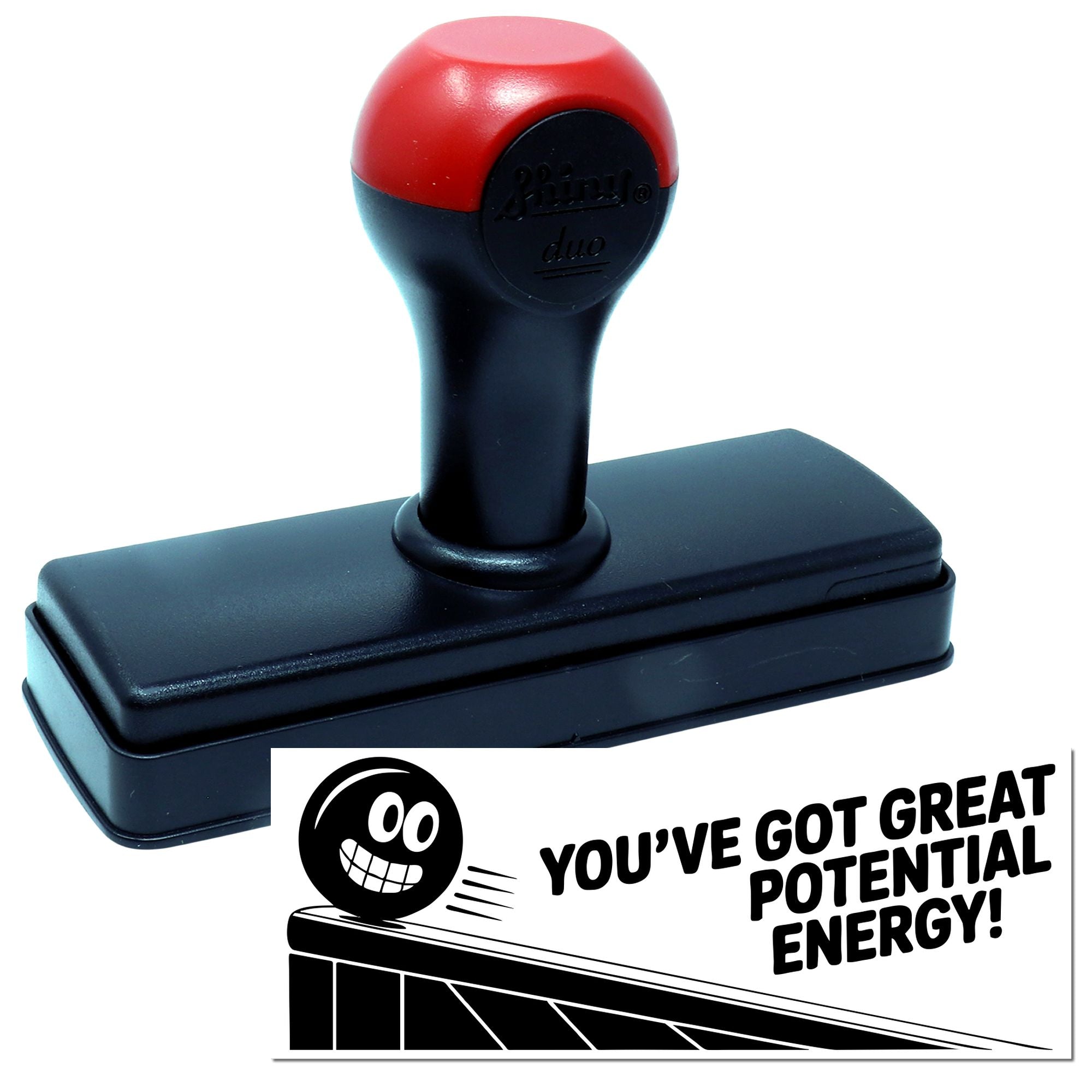 Self-inking motivational rubber stamp with Youve Got Great Potential Energy! classroom praise message.
