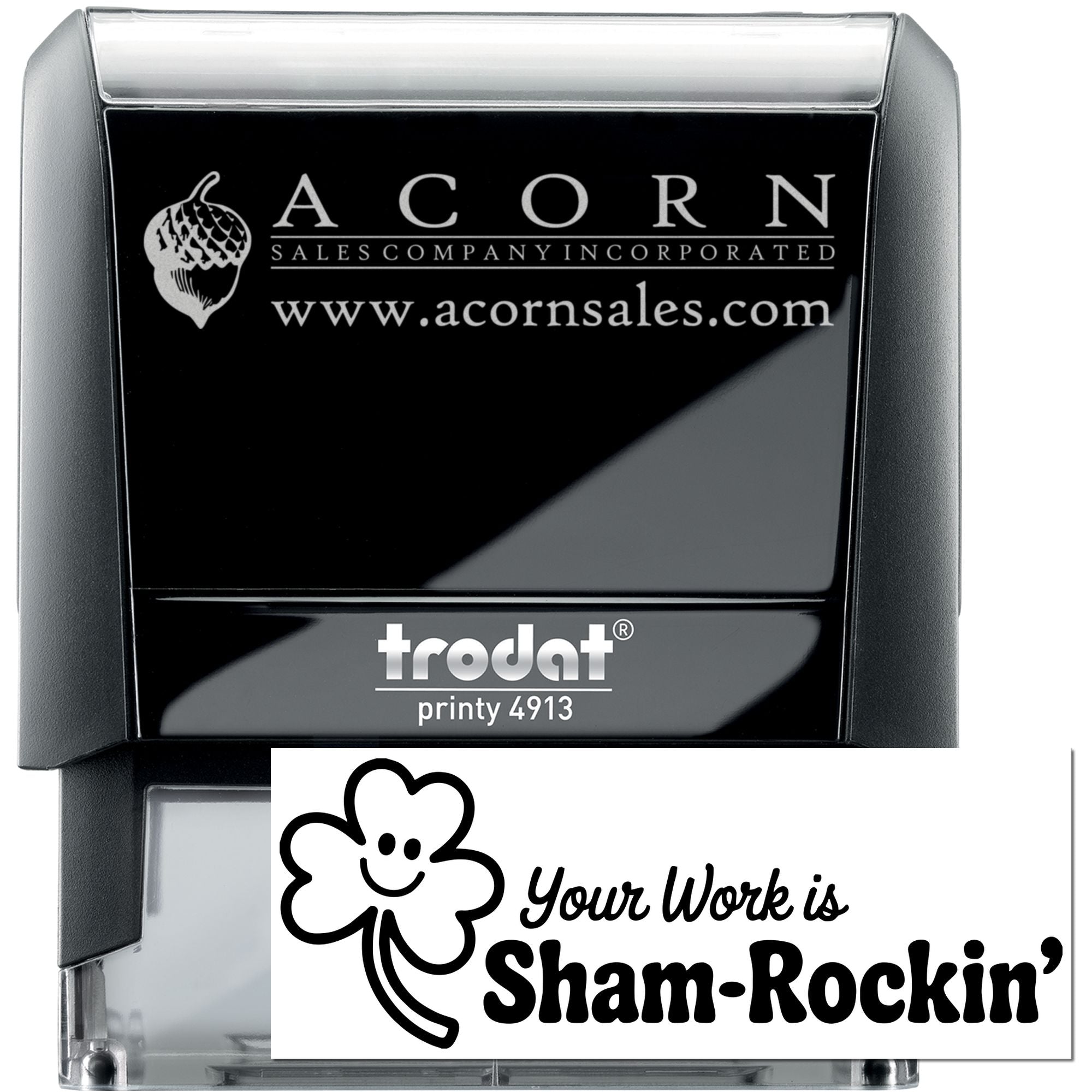 Custom self-inking rubber stamp, Trodat Printy 4913, featuring Acorn Sales logo and Sham-Rockin' imprint for business branding.