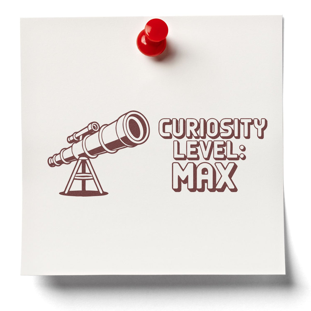 Telescope rubber stamp with Curiosity Level: Max text, perfect for science-themed cards, journals, and craft projects.