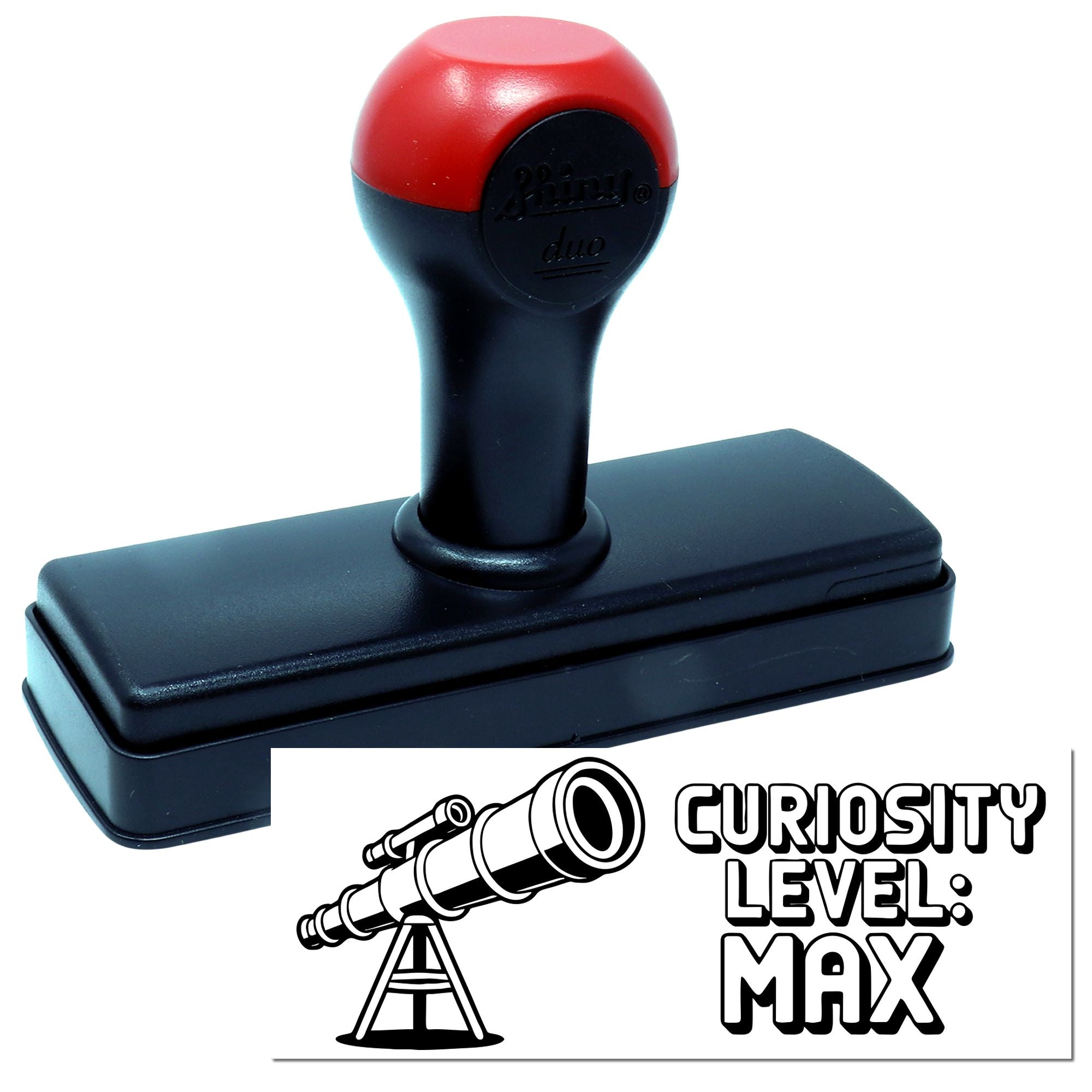 Self-inking rubber stamp with telescope design and Curiosity Level Max imprint for science-themed crafts and stationery.