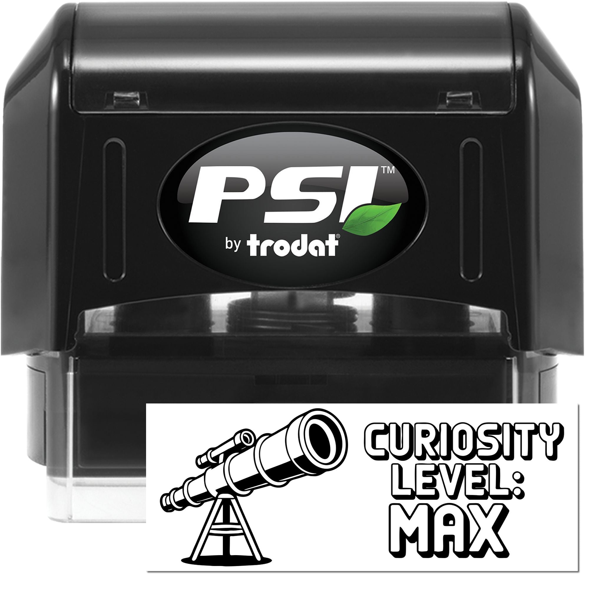 PSI by Trodat self-inking custom rubber stamp with Curiosity Level: Max telescope design for science lovers