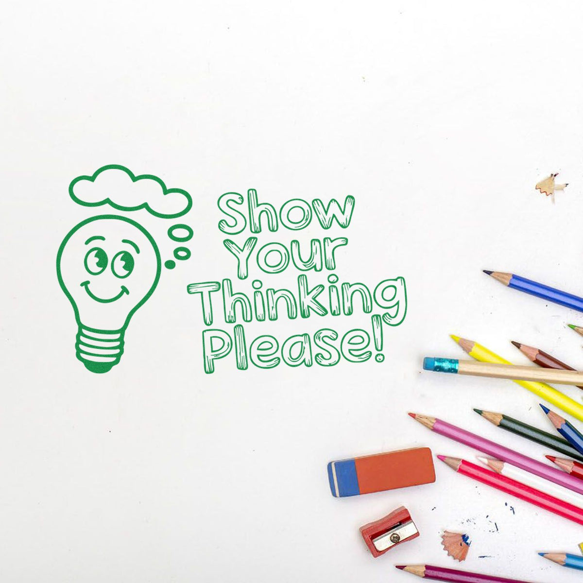 Classroom rubber stamp design with lightbulb and Show Your Thinking Please! for student work feedback and creative learning.