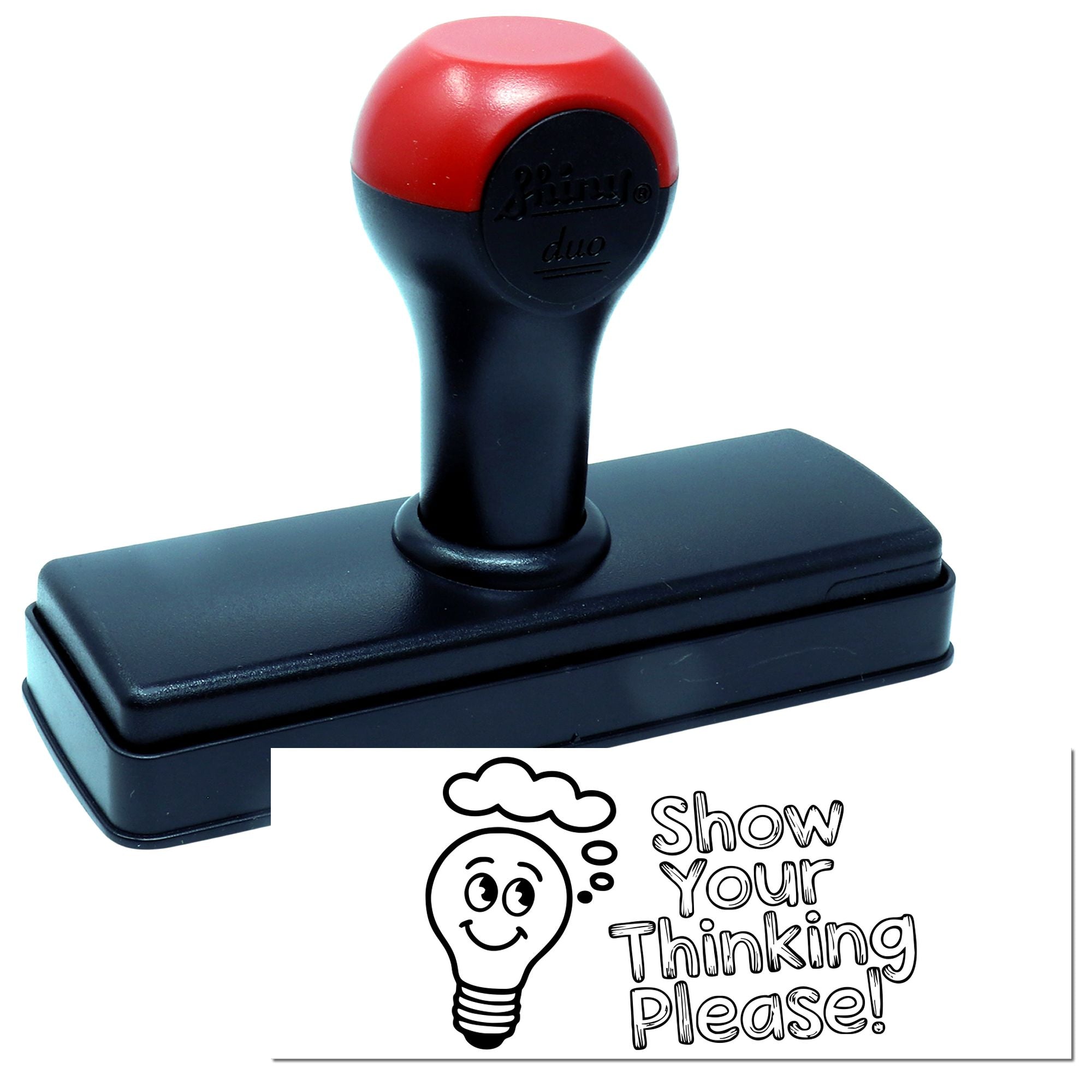 Self-inking rubber stamp with Show Your Thinking Please! lightbulb design for classroom teacher feedback.
