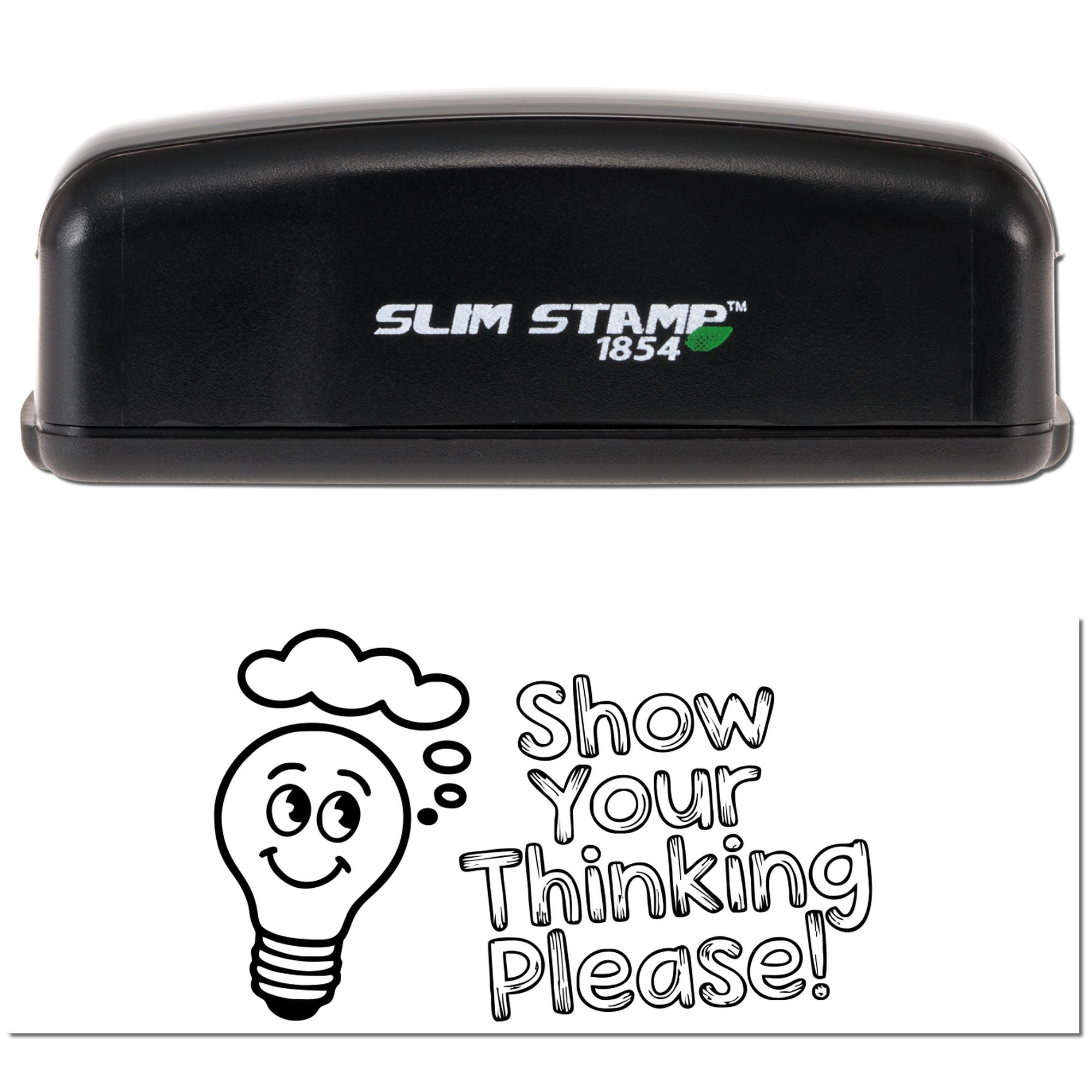 Slim Stamp self-inking rubber stamp with lightbulb design and "Show Your Thinking Please!" teacher feedback message.