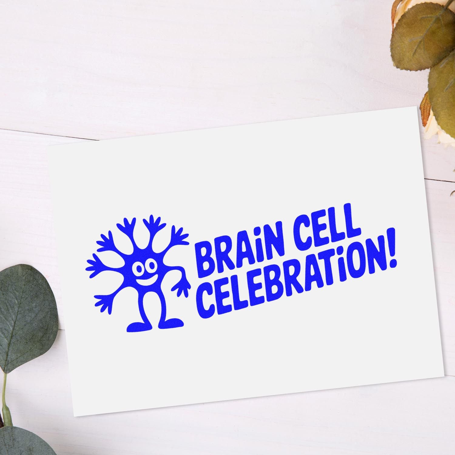 Blue Brain Cell Celebration rubber stamp design for science teachers, classroom rewards, and lab-themed crafts.