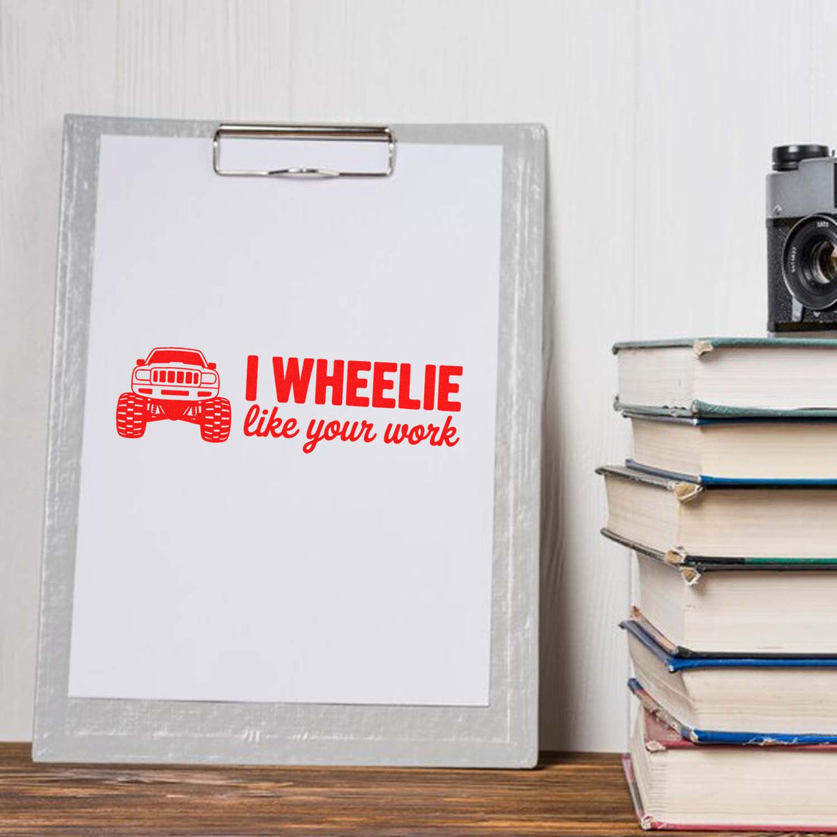 Monster truck rubber stamp with I wheelie like your work for teacher praise, grading, and student encouragement.