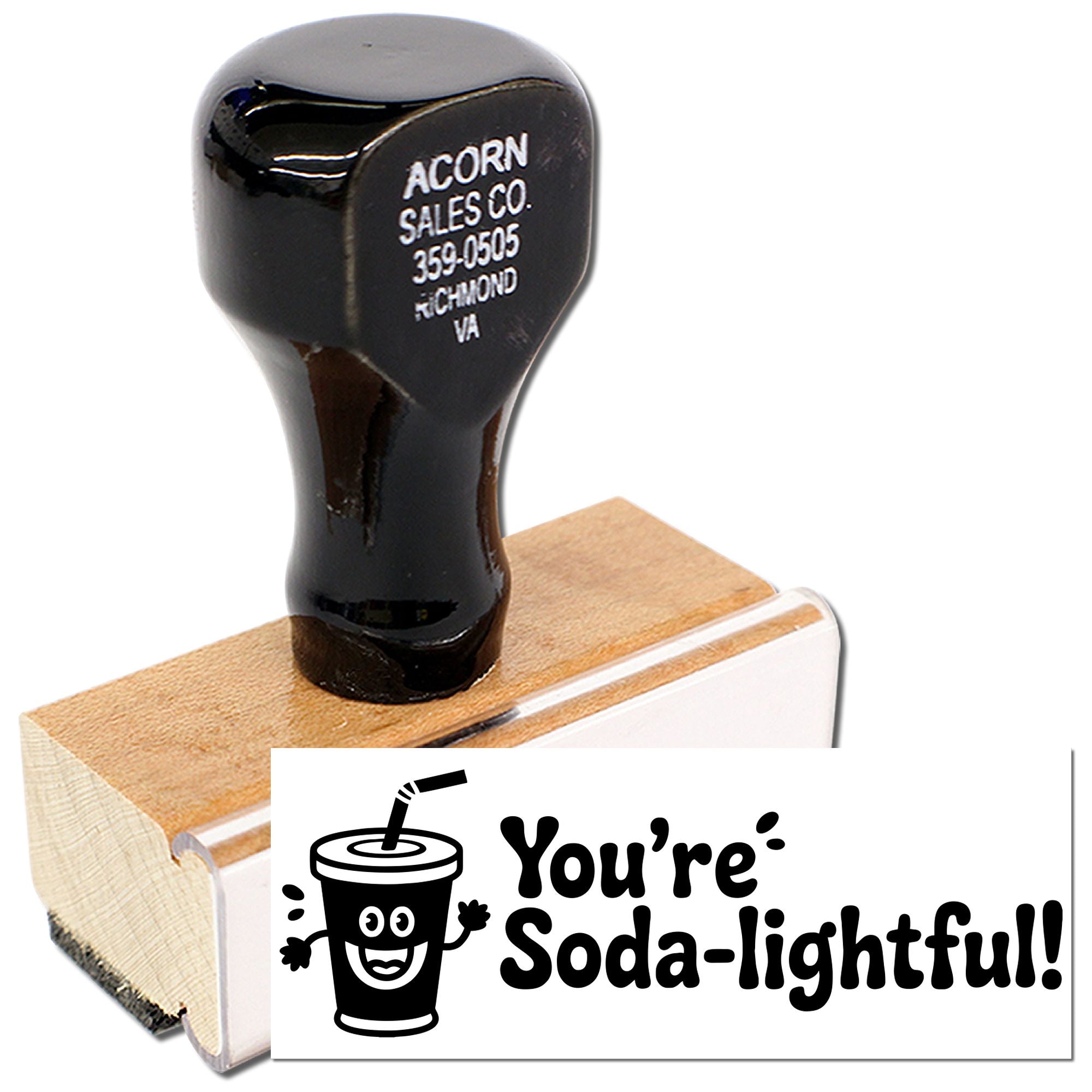 Custom rubber stamp featuring Youre Soda-lightful! with soda cup design for fun drink-themed crafts and packaging.
