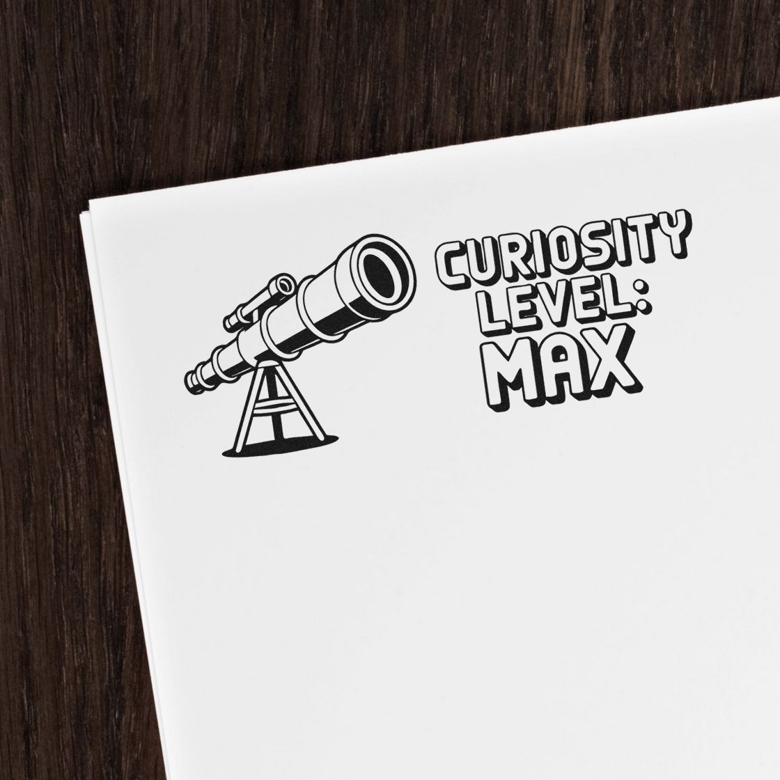Science-themed rubber stamp design with telescope and Curiosity Level: Max text for classrooms, journals, and crafts.