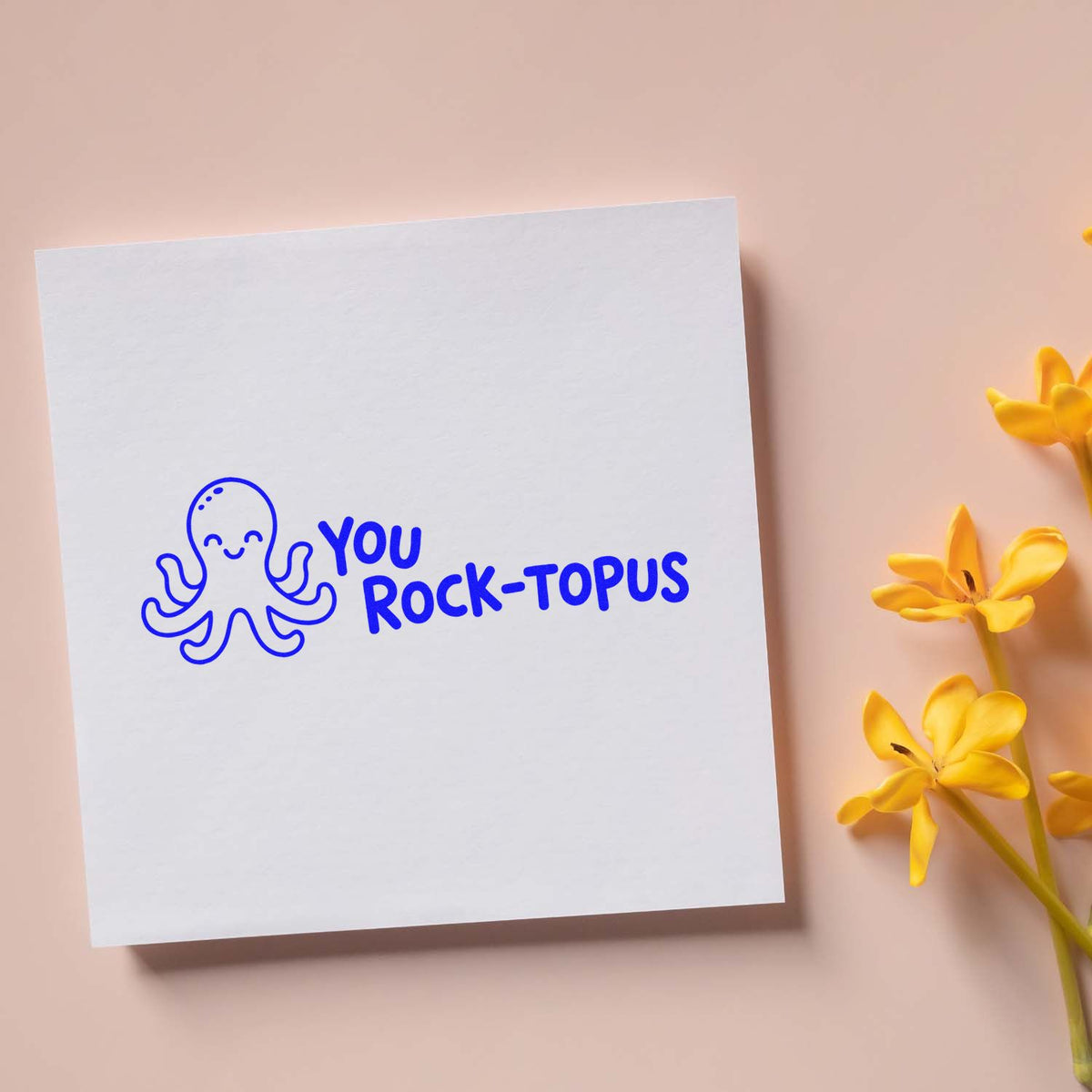 Octopus rubber stamp with You Rock-topus design on card, perfect for fun custom greeting cards and craft projects.