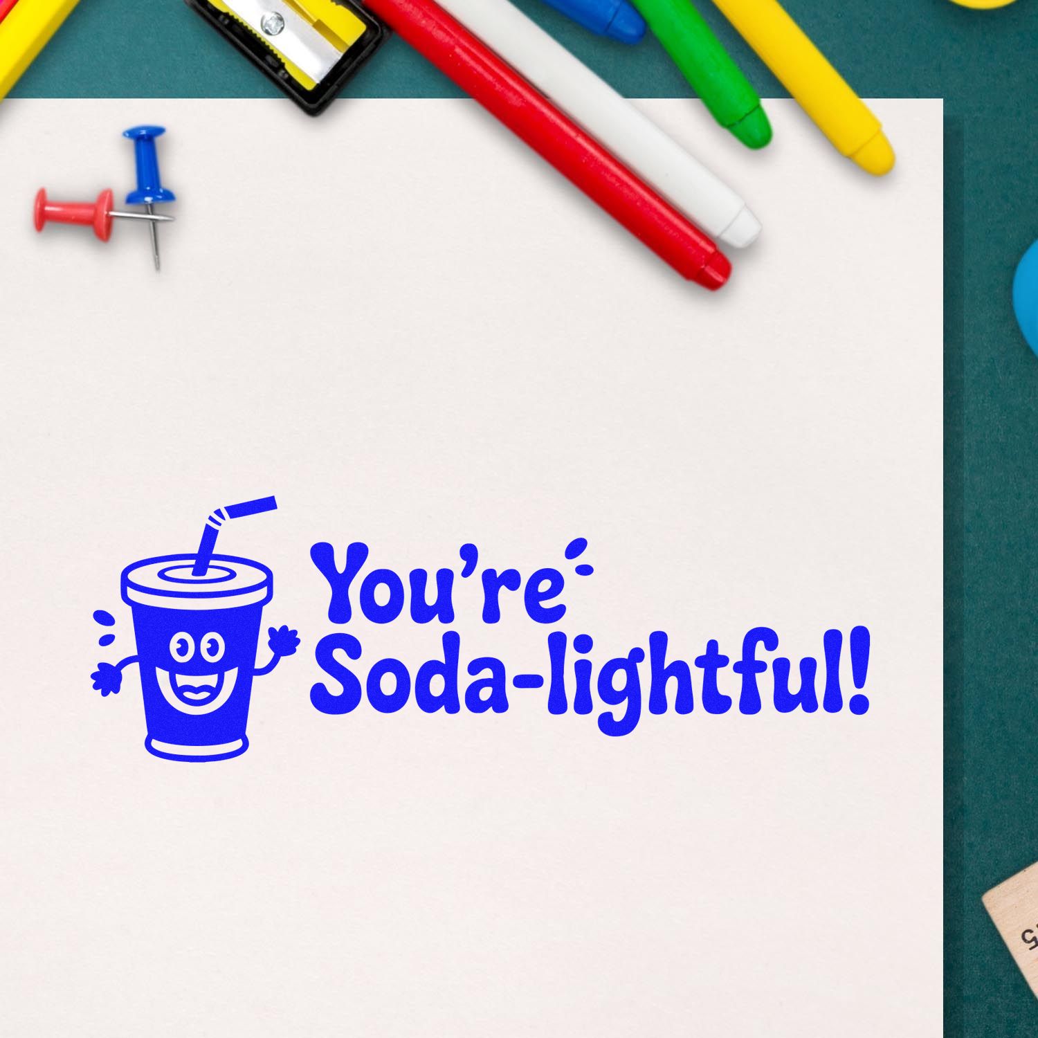 Custom rubber stamp design with soda cup icon and Youre Soda-lightful! message for fun stationery or caf branding.