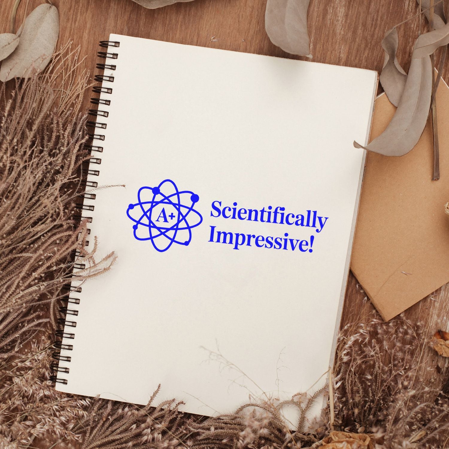 Blue A+ Scientifically Impressive! rubber stamp on notebook, perfect for grading science assignments.