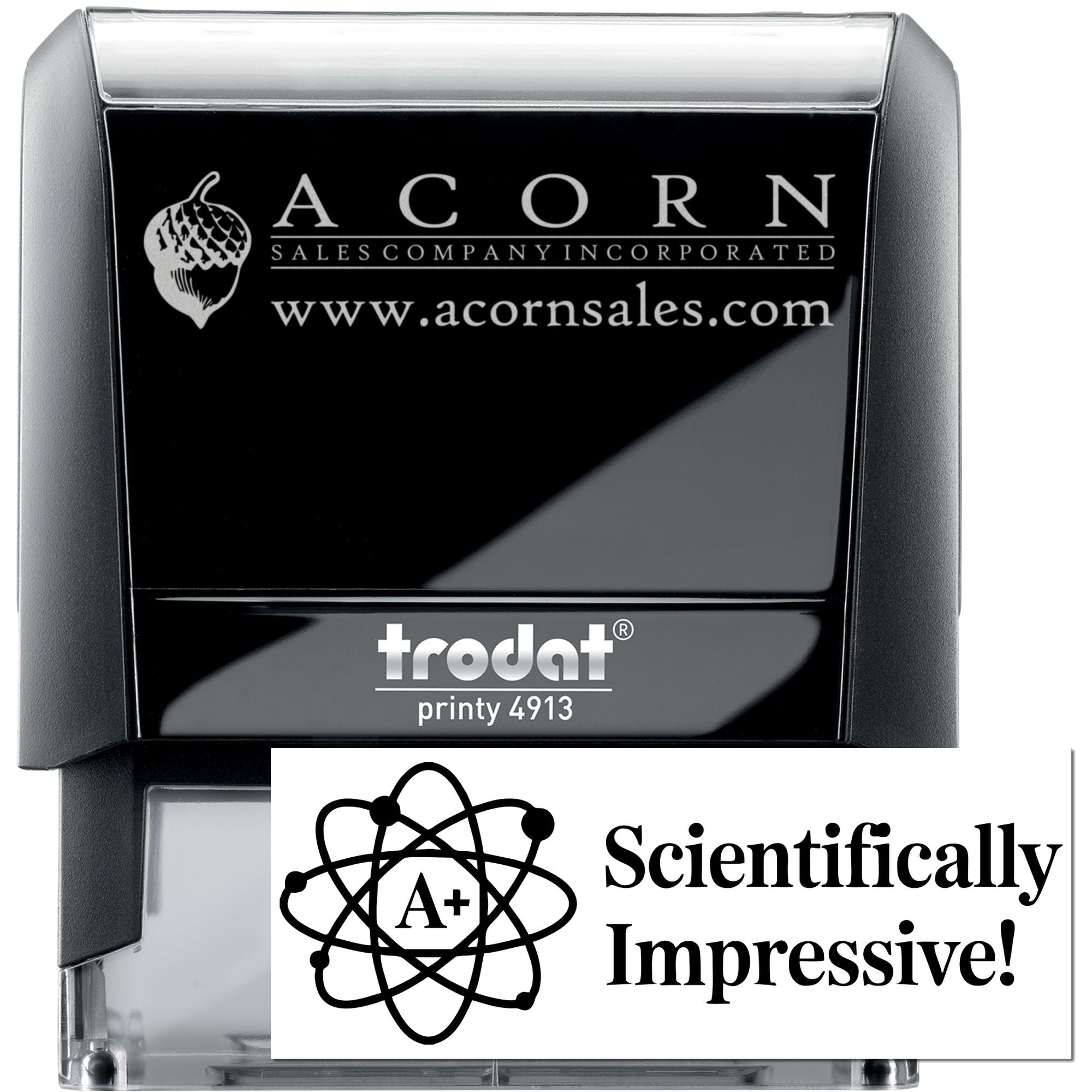 Custom Trodat self-inking rubber stamp with Acorn Sales Company logo and website for business branding