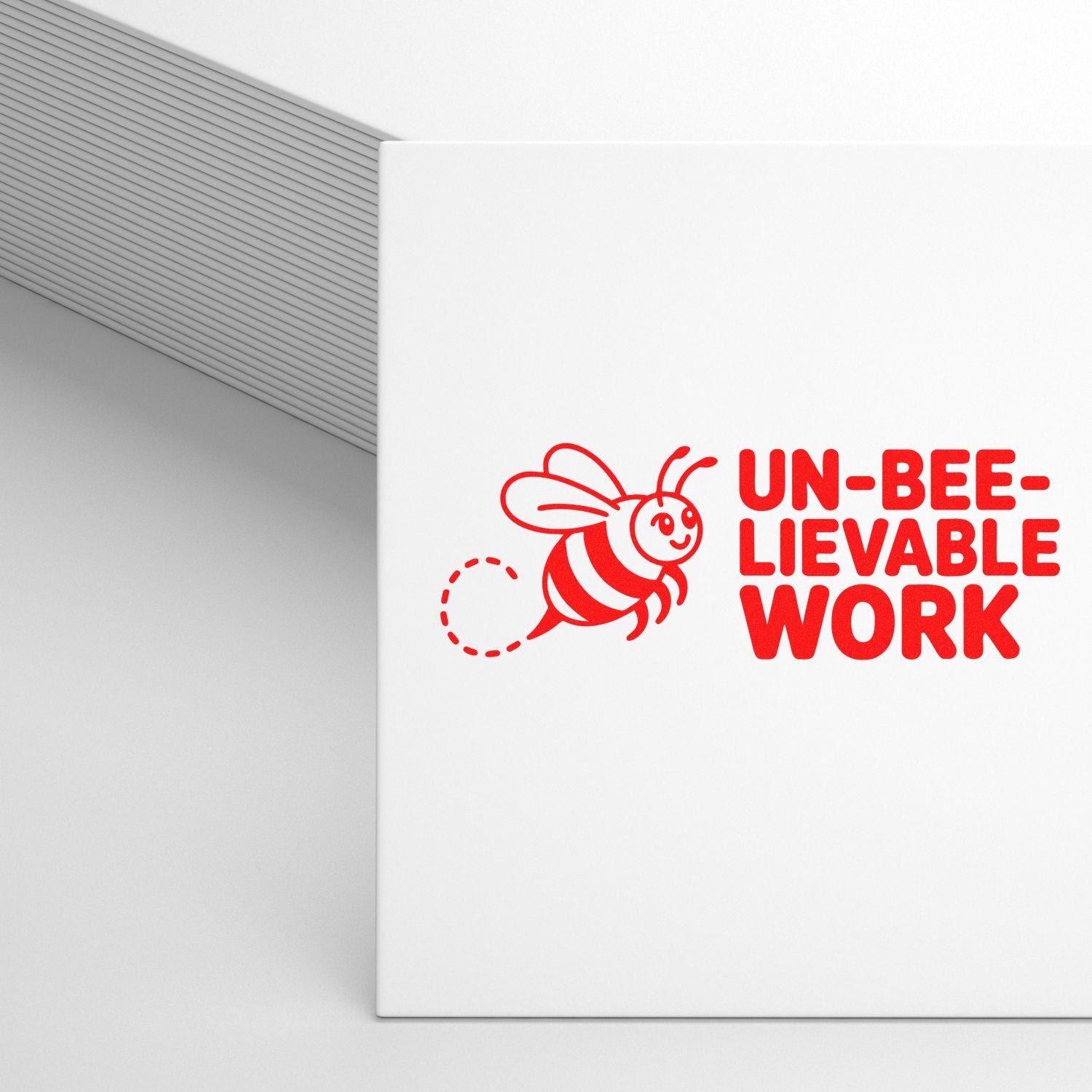 Custom bee rubber stamp design with Un-bee-lievable Work text for teacher, office, or business recognition.