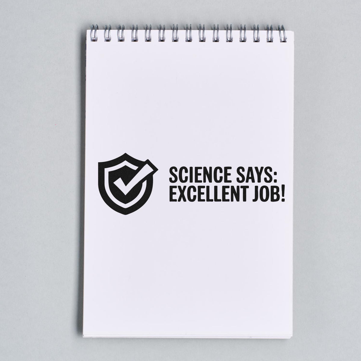 Science says excellent job rubber stamp with checkmark shield, used for teacher feedback on a notebook page.