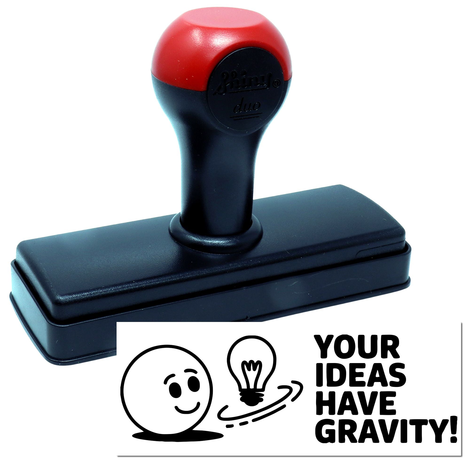 Custom self-inking rubber stamp with Your Ideas Have Gravity! design and light bulb and smiley face graphic.