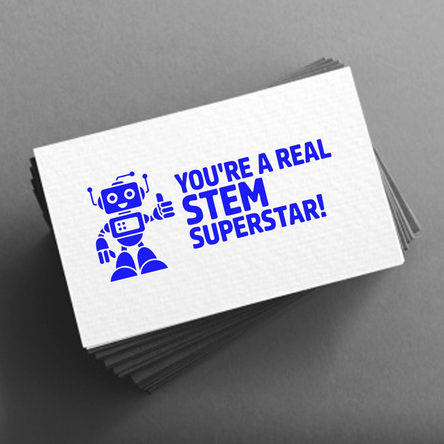 STEM Superstar rubber stamp with robot graphic, ideal for rewarding teachers, students, and science achievements.