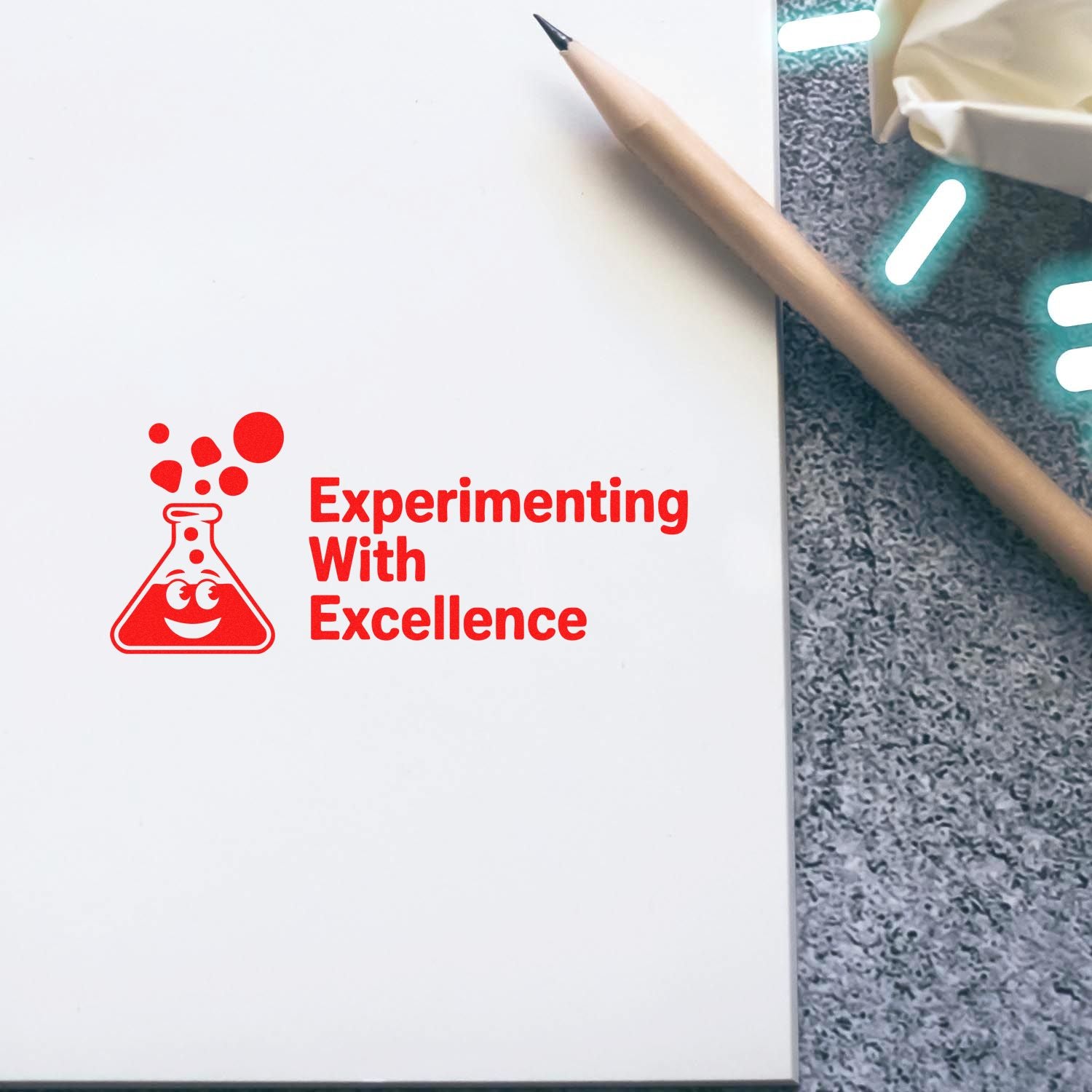 Science rubber stamp with Experimenting With Excellence beaker design on notebook paper, ideal for teachers and labs.