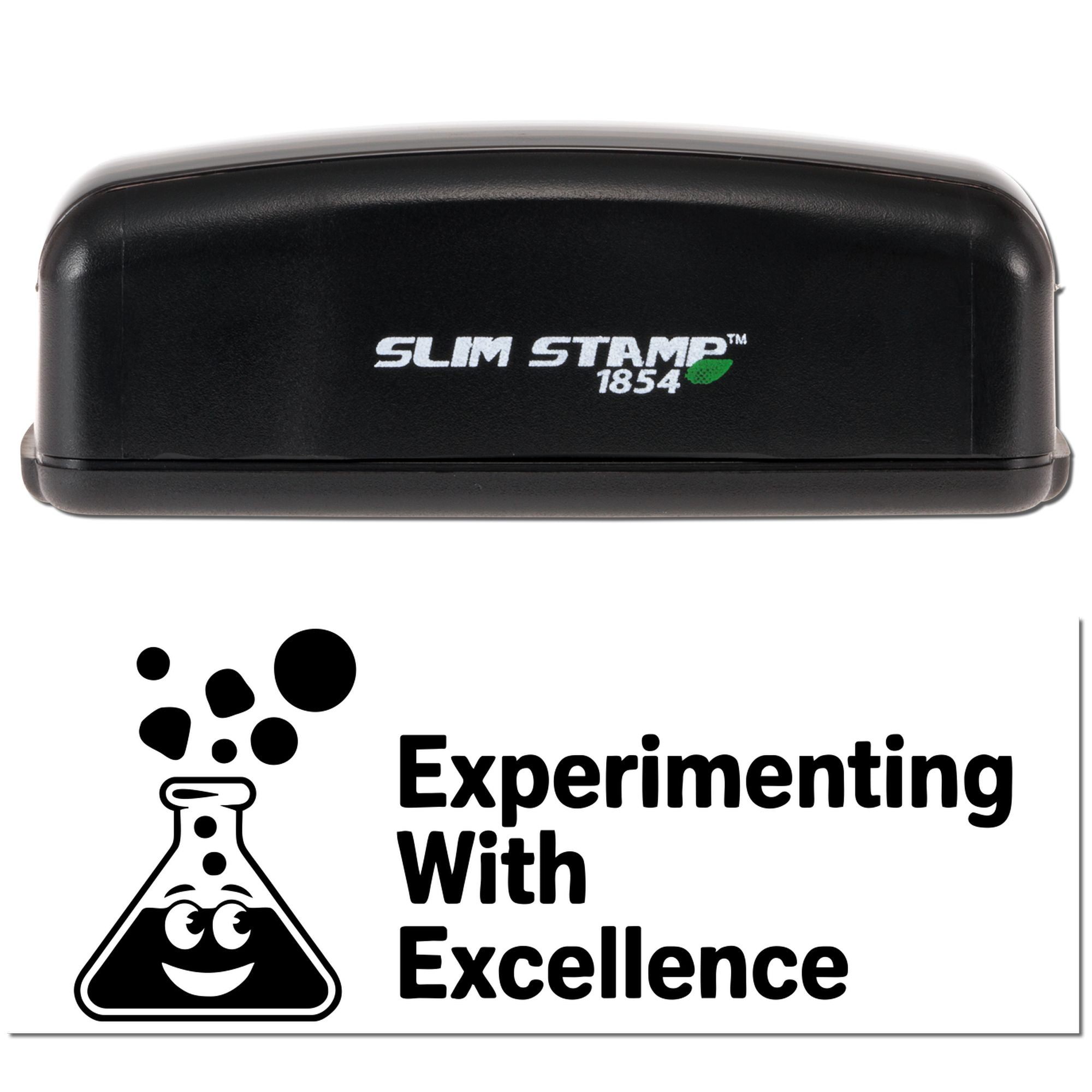Custom self-inking rubber stamp with Experimenting With Excellence science design and lab flask logo.