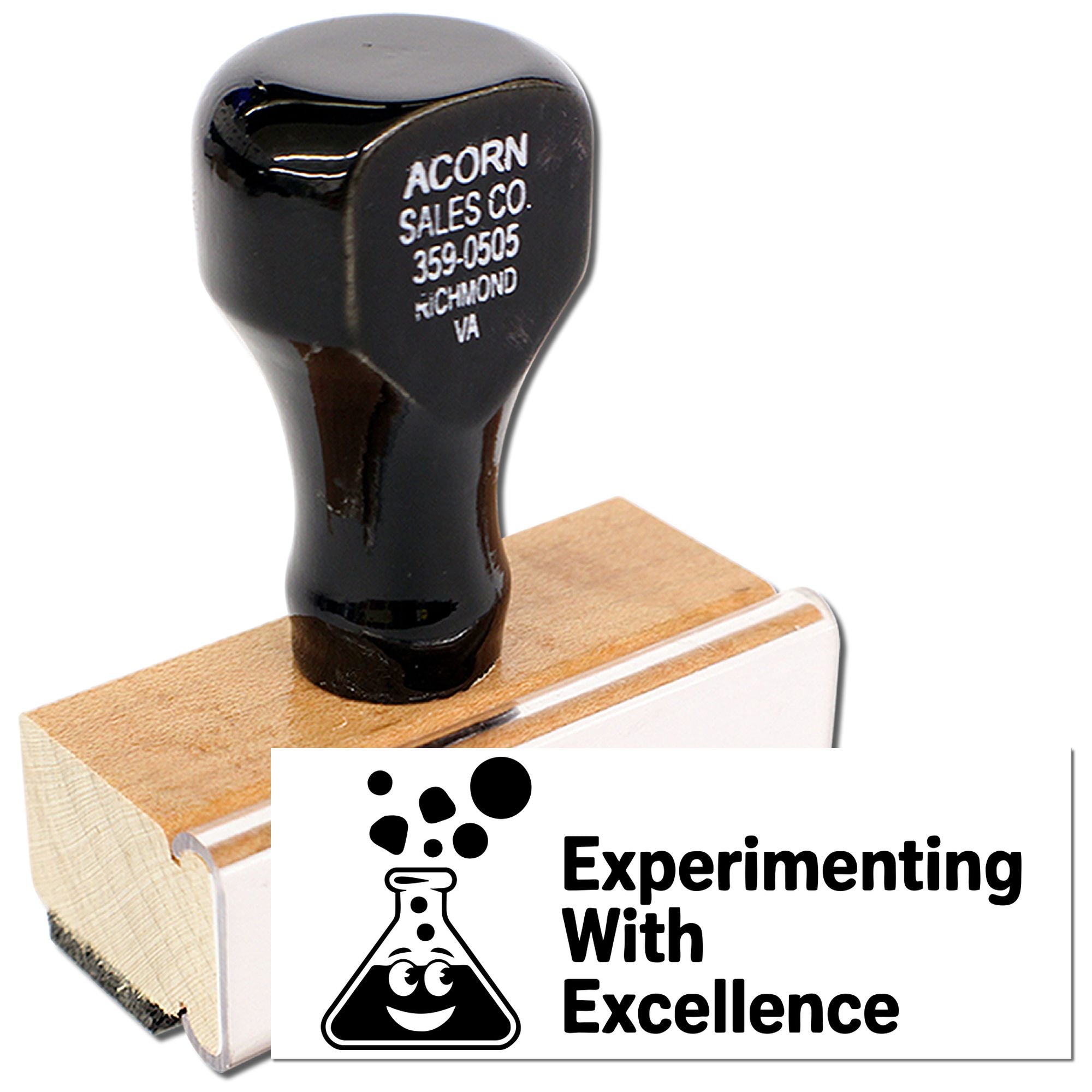 Custom rubber stamp with Experimenting with Excellence and lab flask icon for science teachers, schools, and branding.