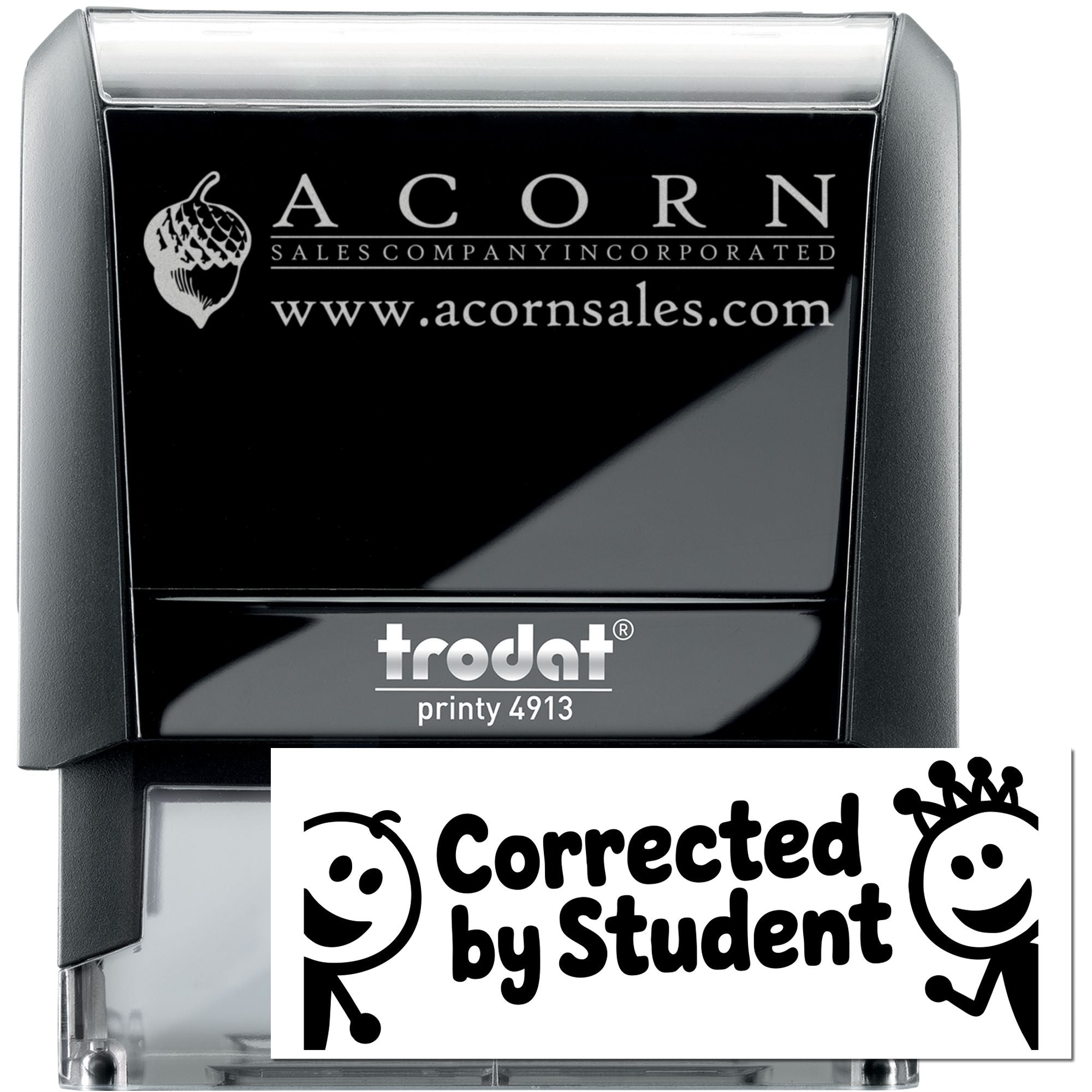 Custom Trodat Printy rubber stamp for Acorn Sales Company Incorporated, featuring logo, website and Corrected by Student design.