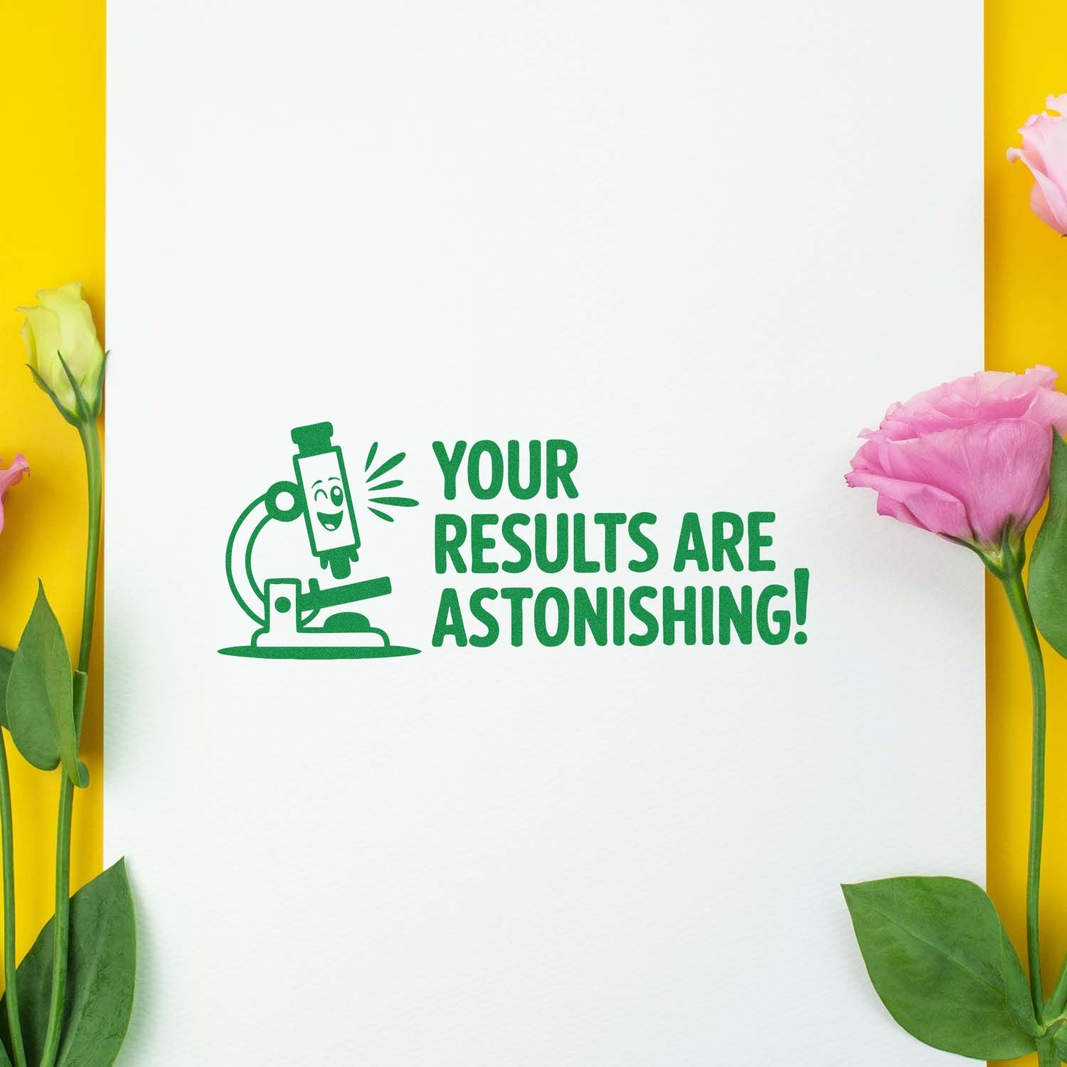Science rubber stamp design reading Your Results Are Astonishing! with microscope icon for lab, classroom, or teacher rewards.