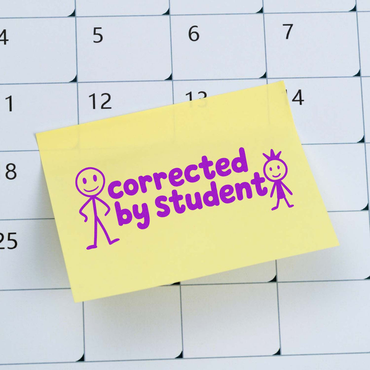 Purple "Corrected by Student" rubber stamp on a sticky note, ideal for teacher grading and classroom feedback.