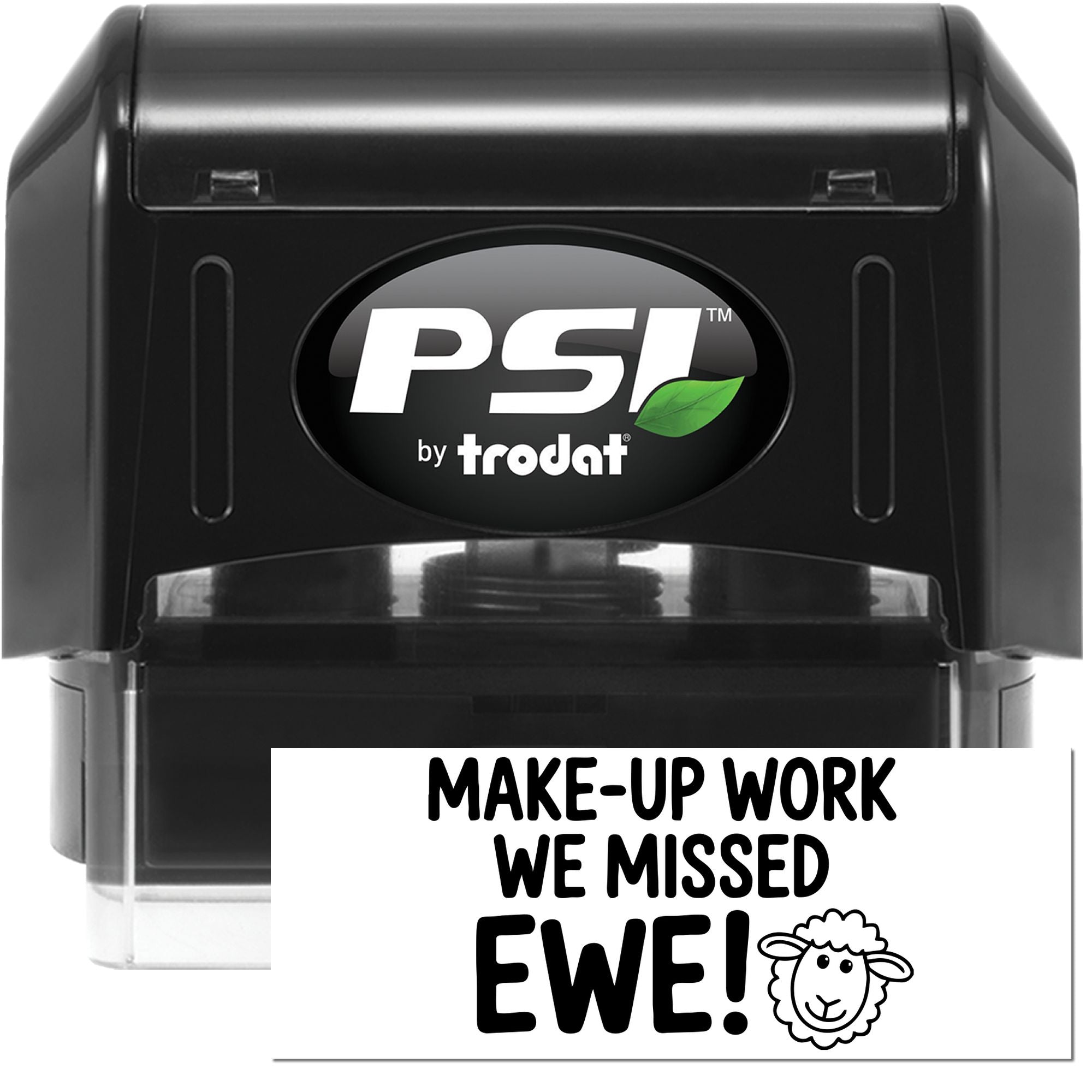 Self-inking rubber stamp with Make-Up Work We Missed Ewe! sheep design for teacher grading and student makeup work.