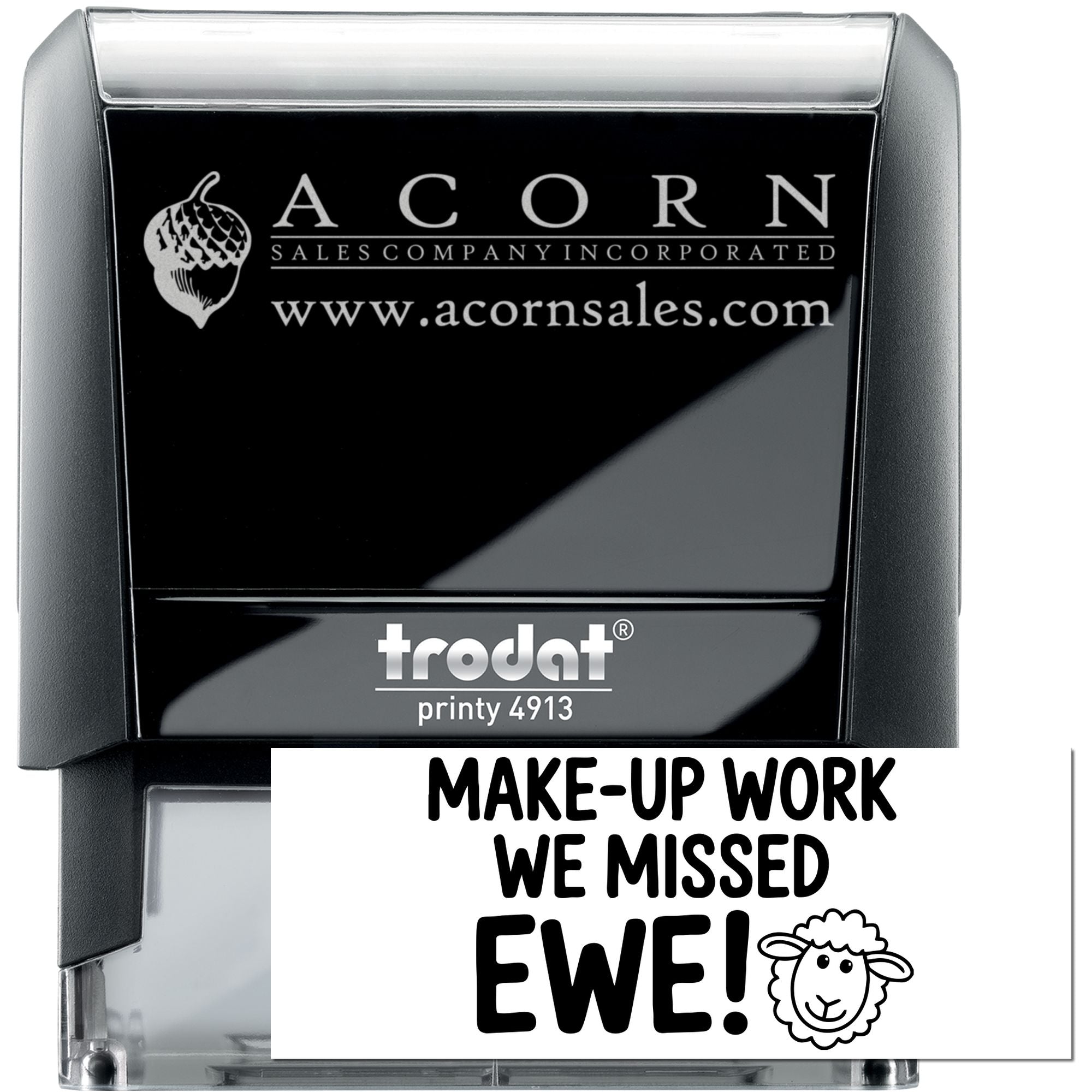 Trodat Printy 4913 self-inking rubber stamp with custom business logo and make-up work we missed ewe design