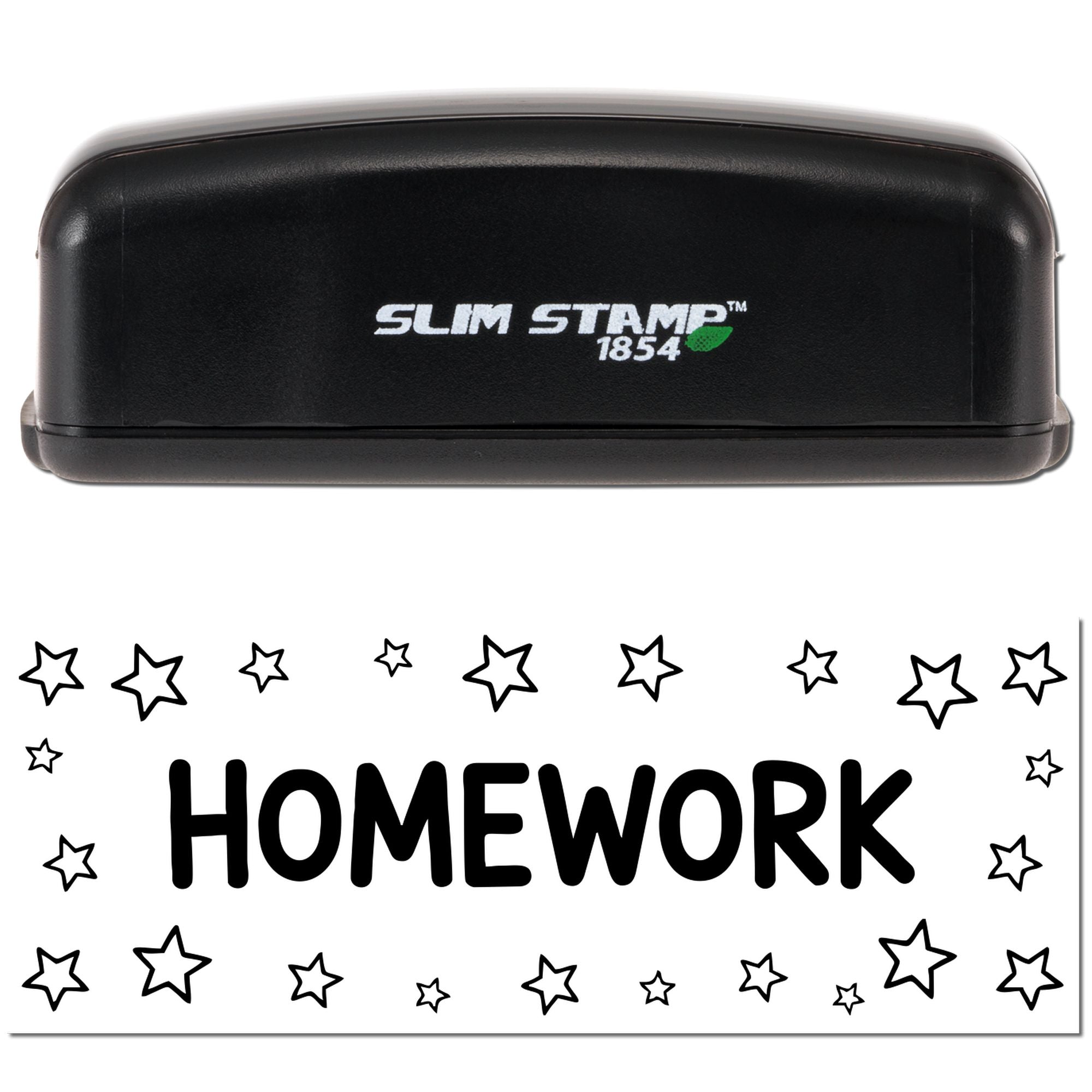 Self-inking homework rubber stamp with stars, ideal for teachers to mark and organize student assignments.