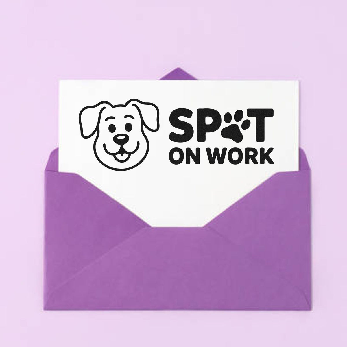 Custom dog logo rubber stamp reading Spot on Work on a purple envelope, perfect for pet business branding