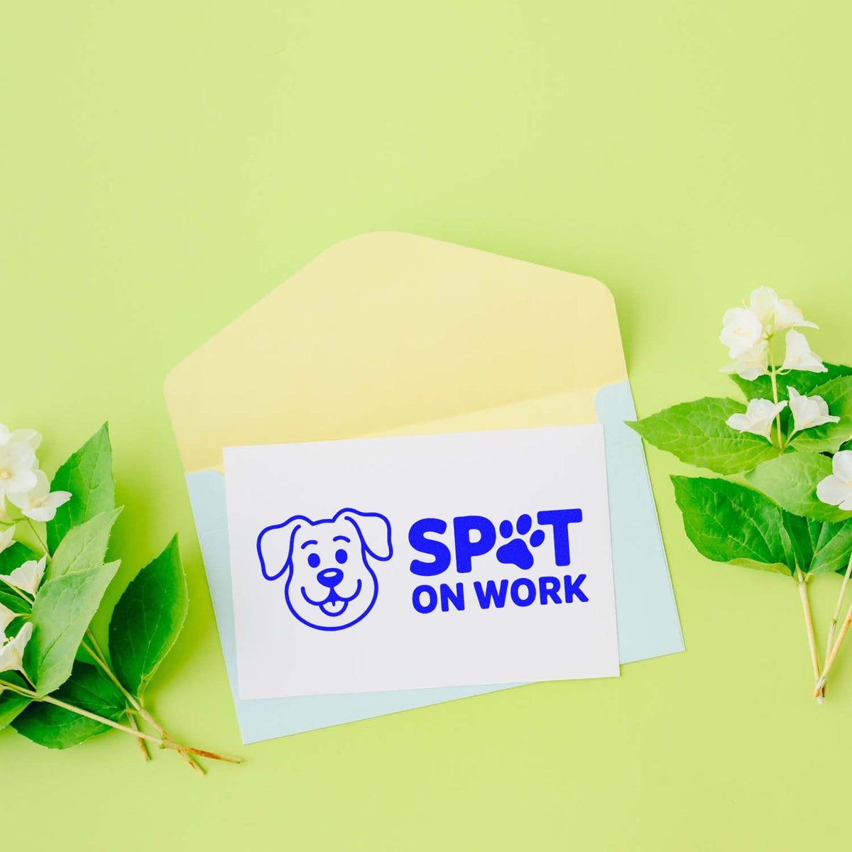 Dog-themed rubber stamp design with Spot On Work text for pet business branding and custom stationery.