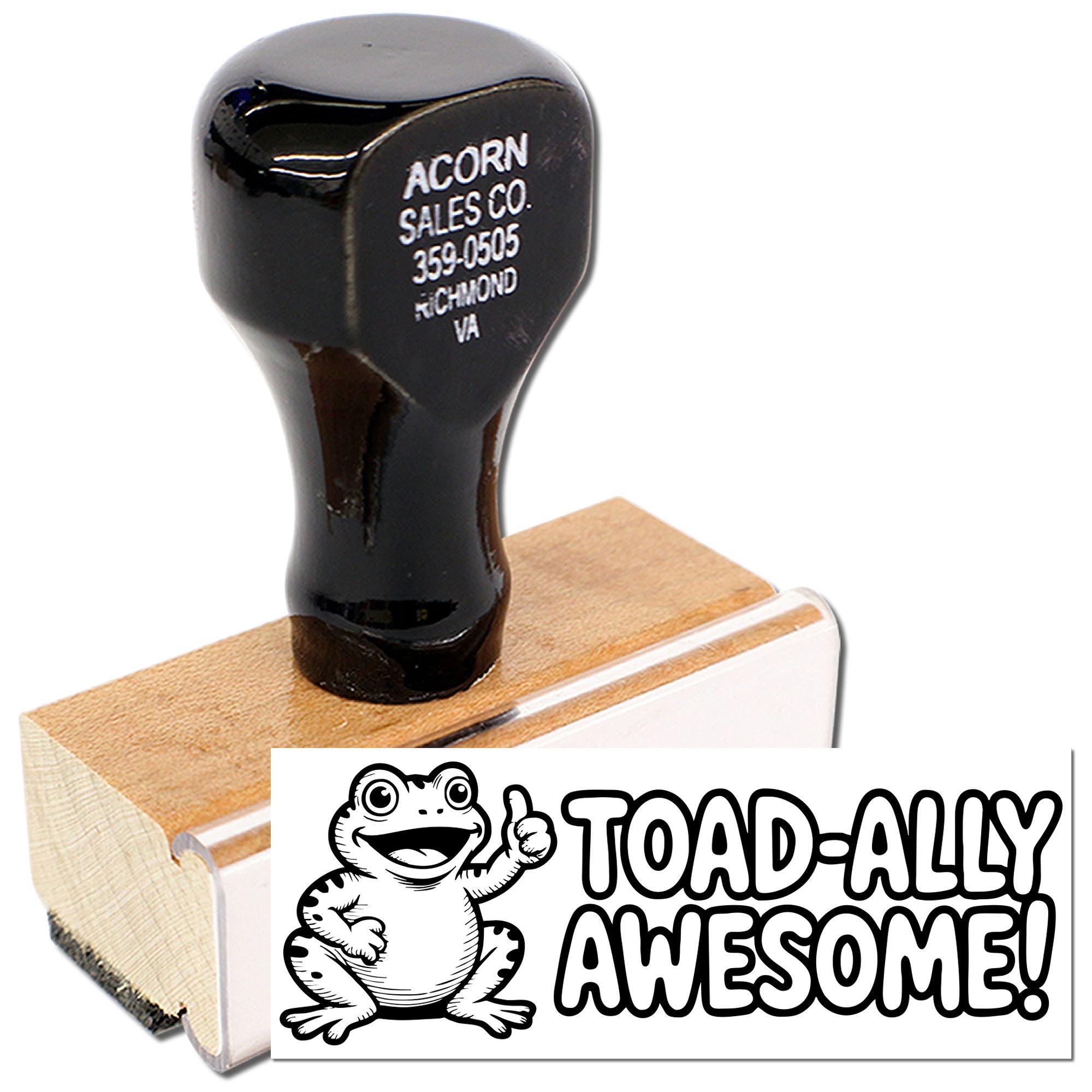 Custom rubber stamp with frog design and Toad-ally Awesome! imprint for playful crafts, business, or teacher use.