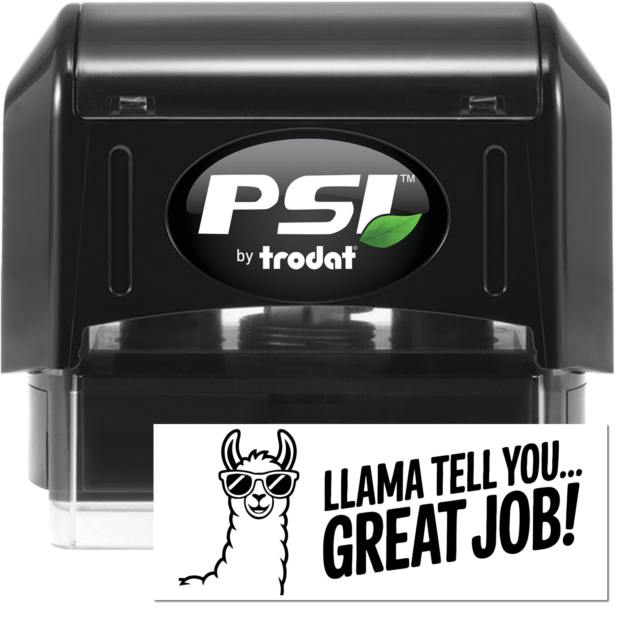 PSI by Trodat self-inking rubber stamp with llama Great Job message for custom office rewards and recognition.