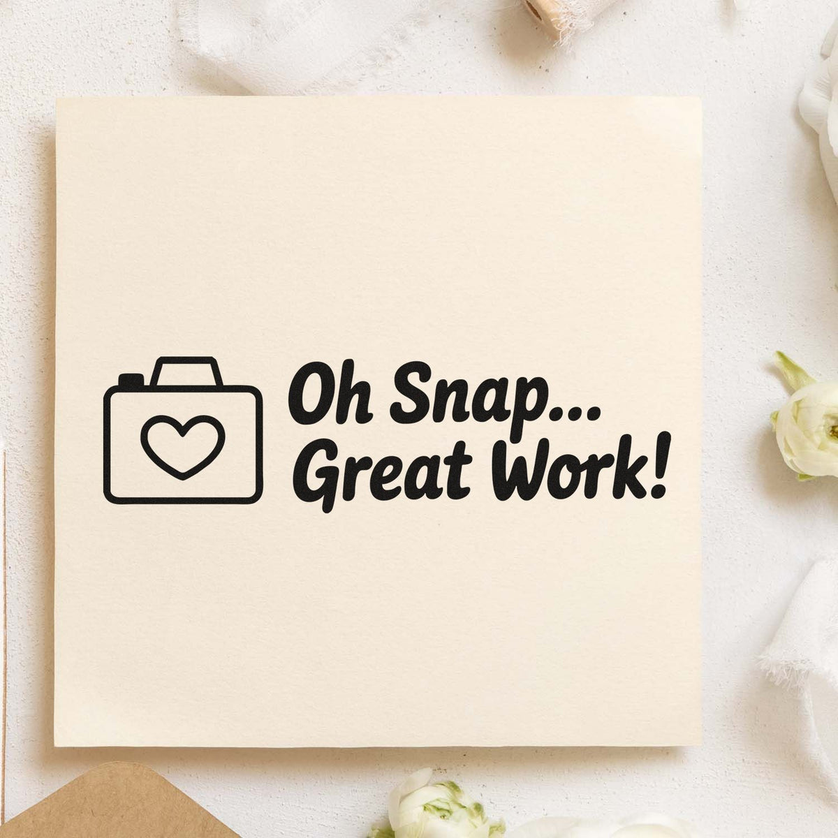 Custom rubber stamp design with camera heart icon and Oh Snap... Great Work! for teacher rewards and scrapbooking.