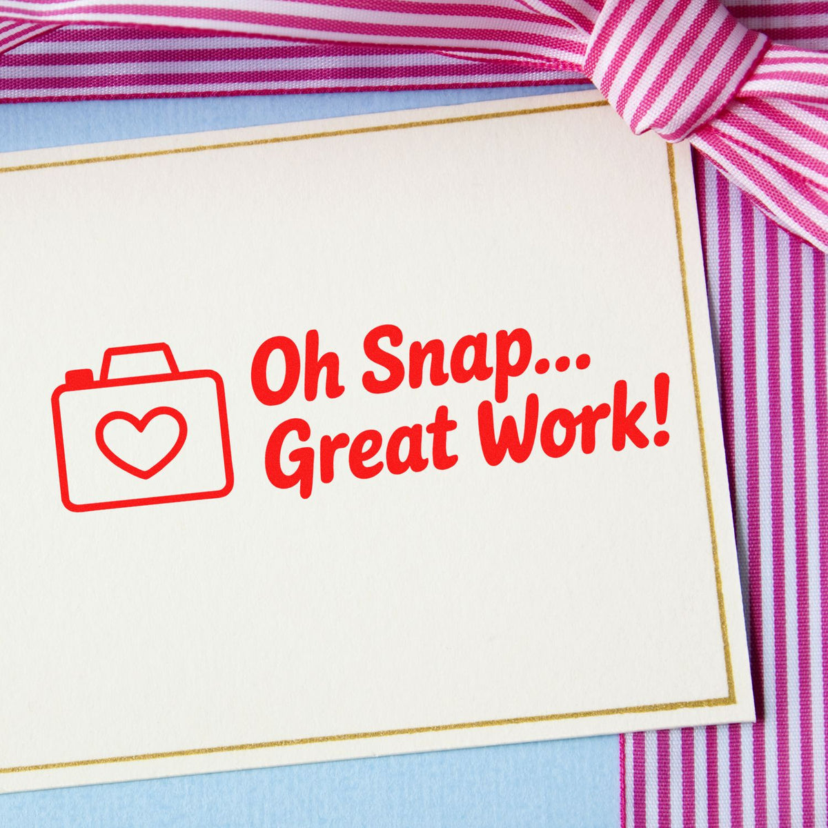 Custom rubber stamp design reading Oh Snap... Great Work! with heart camera icon for cards, crafts, and packaging.
