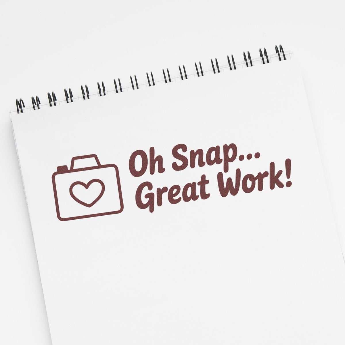 Custom rubber stamp design with camera icon and Oh Snap... Great Work! message for rewarding student or office achievements.