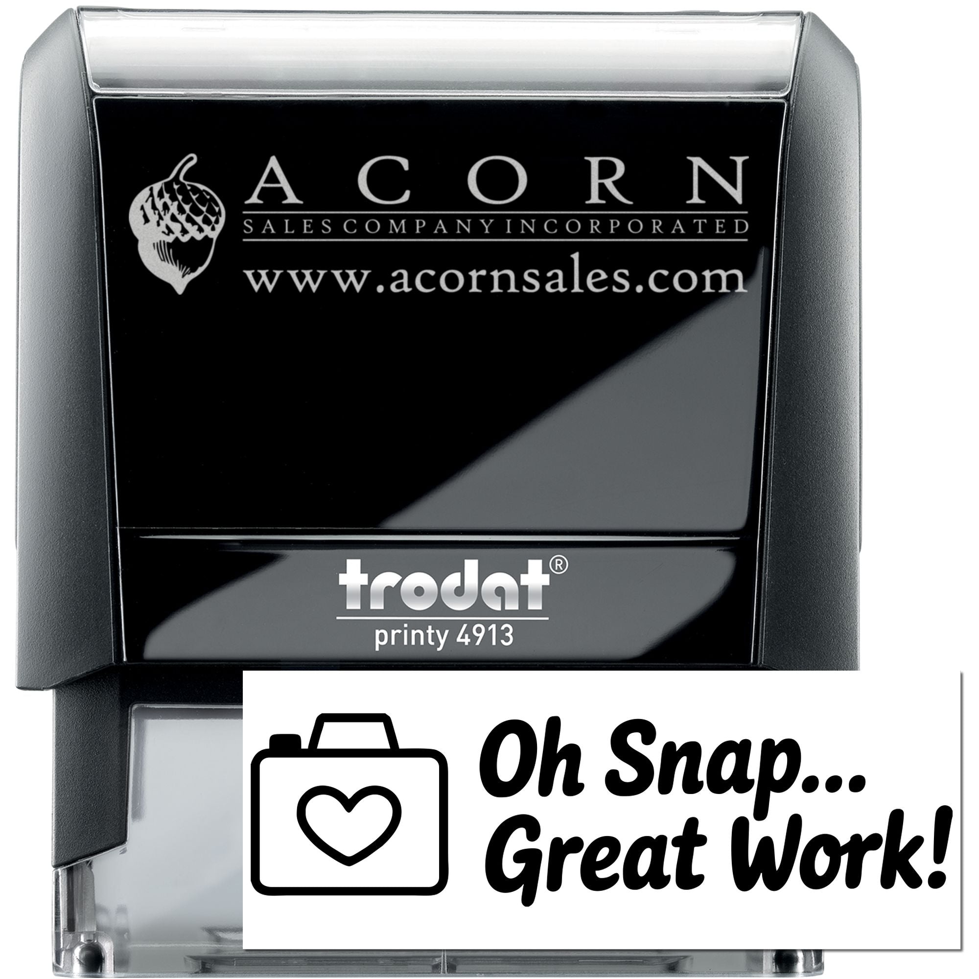 Custom self-inking rubber stamp, Trodat Printy 4913, featuring Acorn Sales logo and website for branded business use.