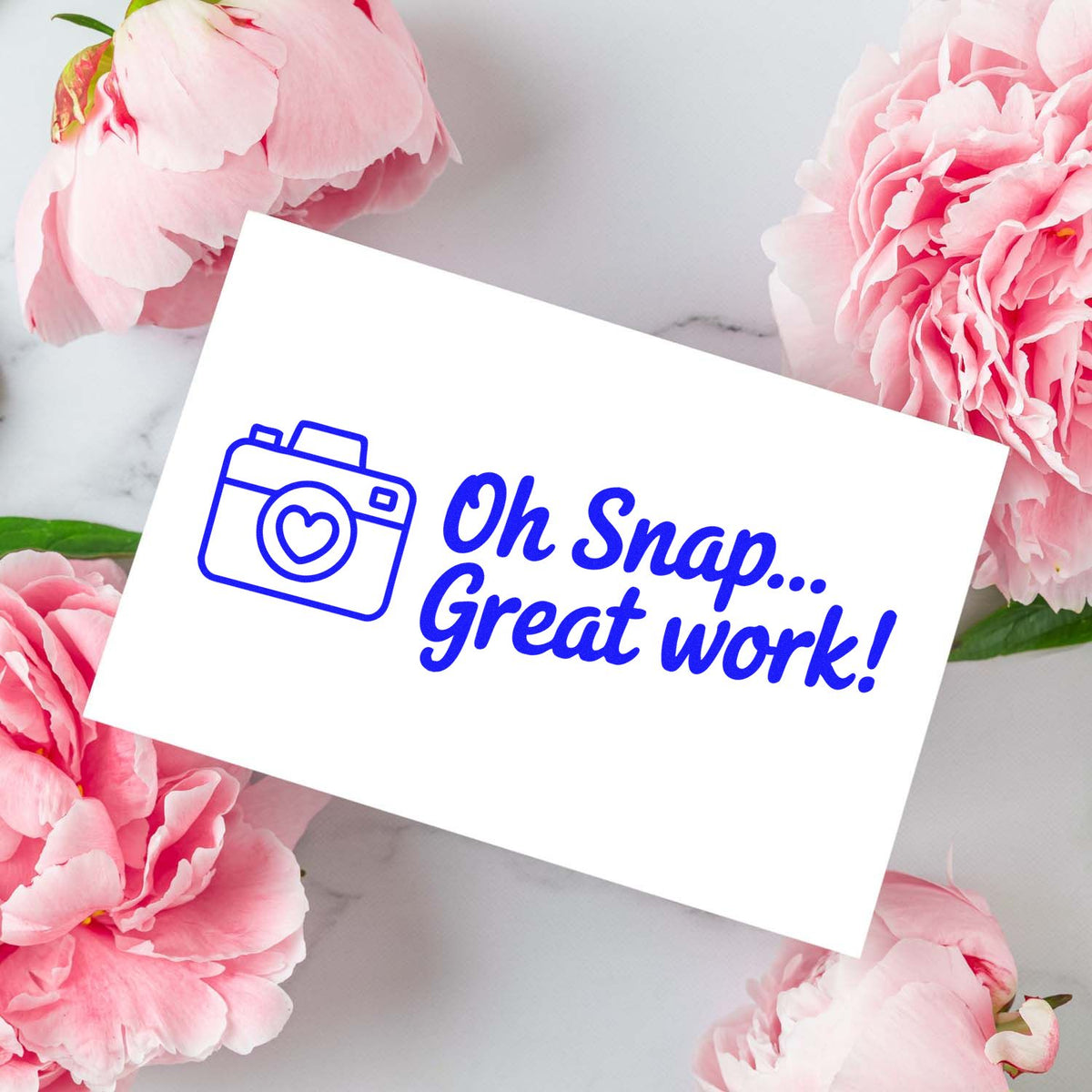 Camera rubber stamp with Oh Snap... Great work! for photo-themed praise cards and teacher reward stamping.
